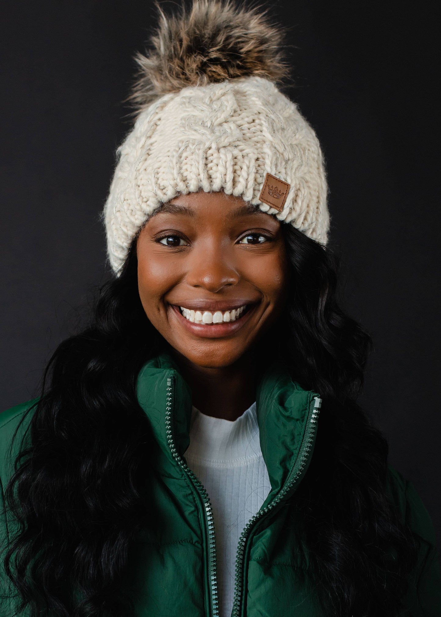 Beige Cable Knit Pom Hat
