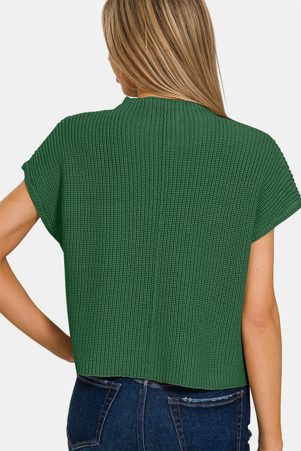 Mock Neck Short Sleeve Cropped Sweater - Dk Green