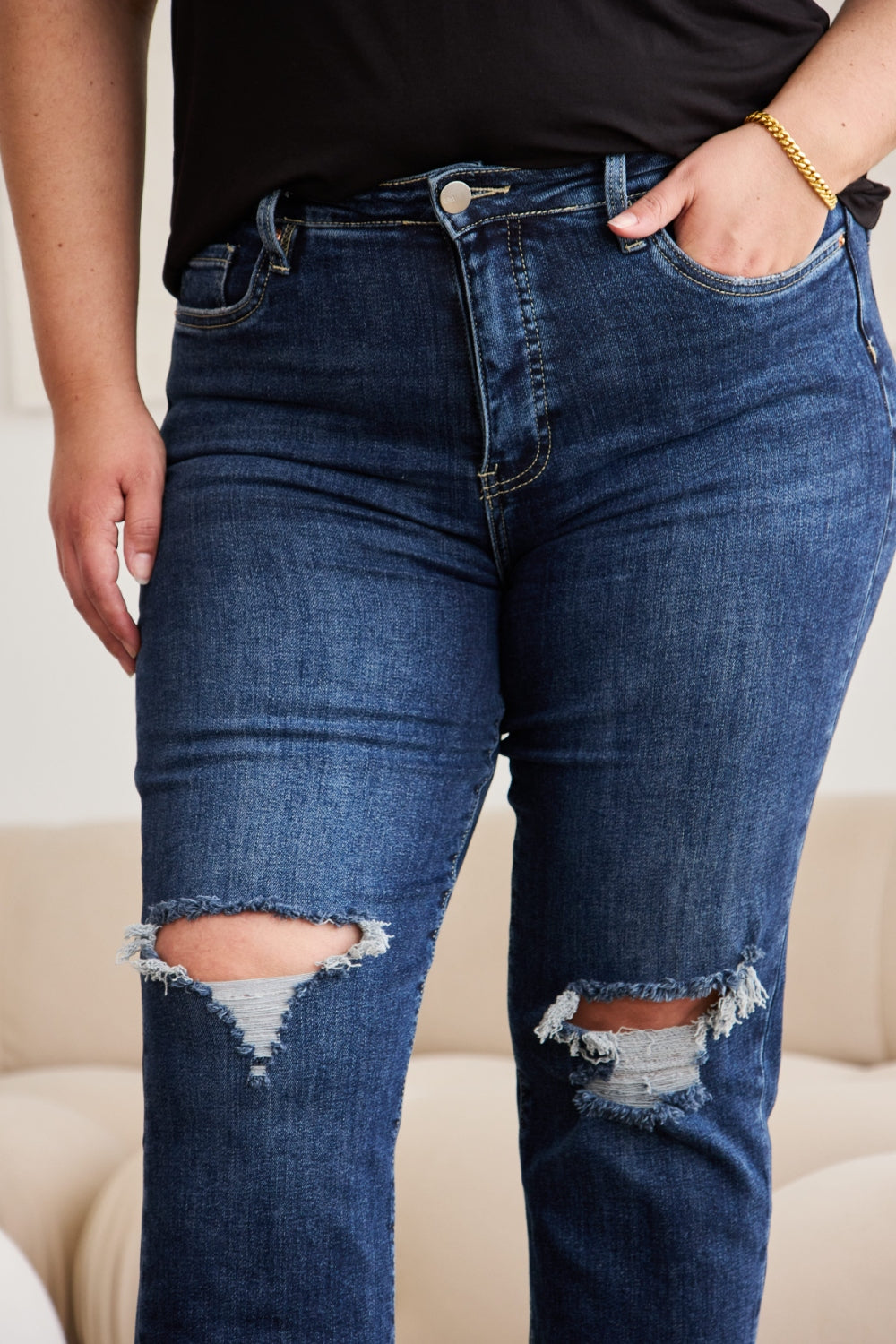 RFM Tummy Control Straight Leg Cropped Jeans - Distressed