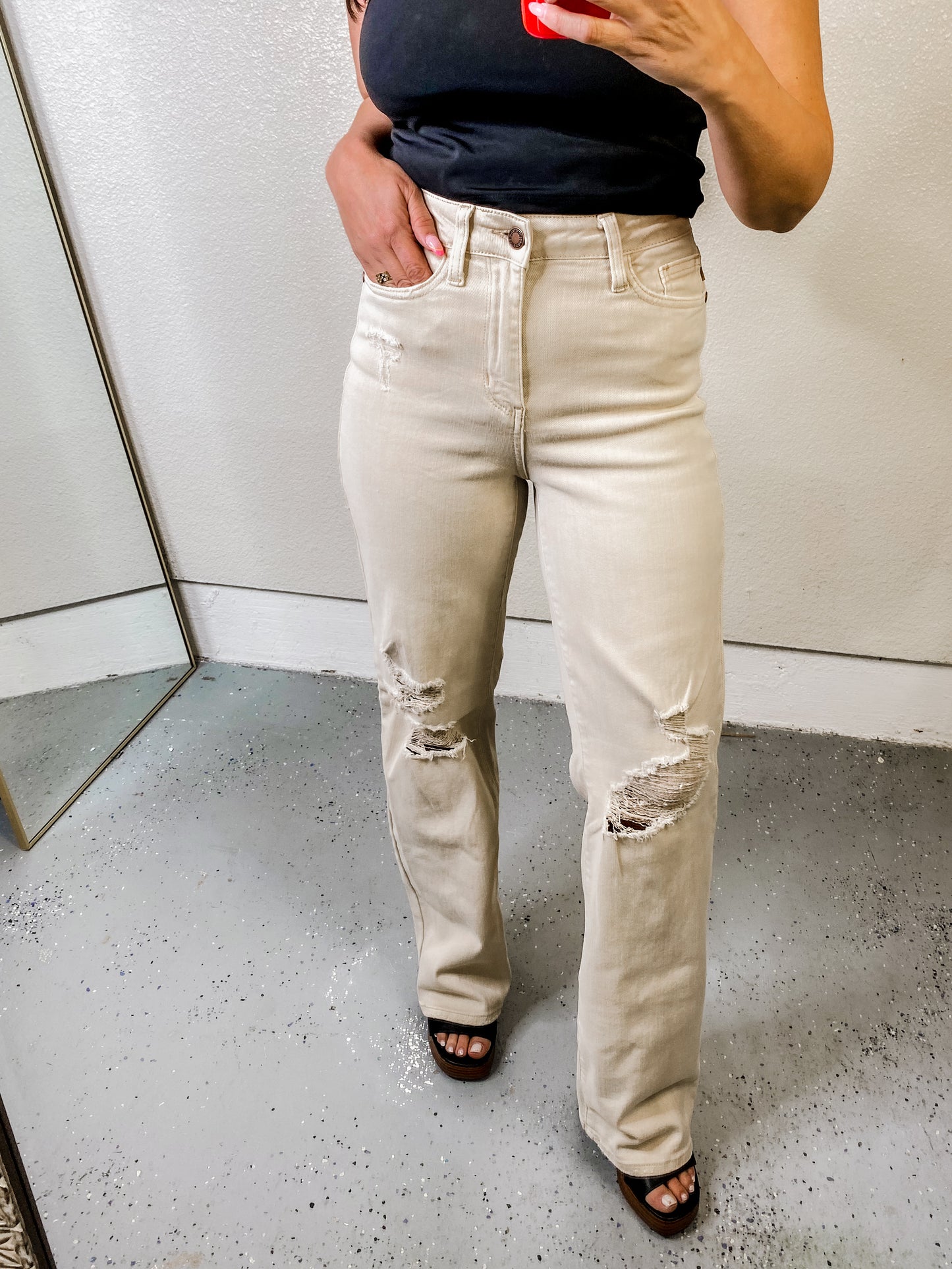 Judy Blue High Waist Distressed Straight Leg Jeans - Bone