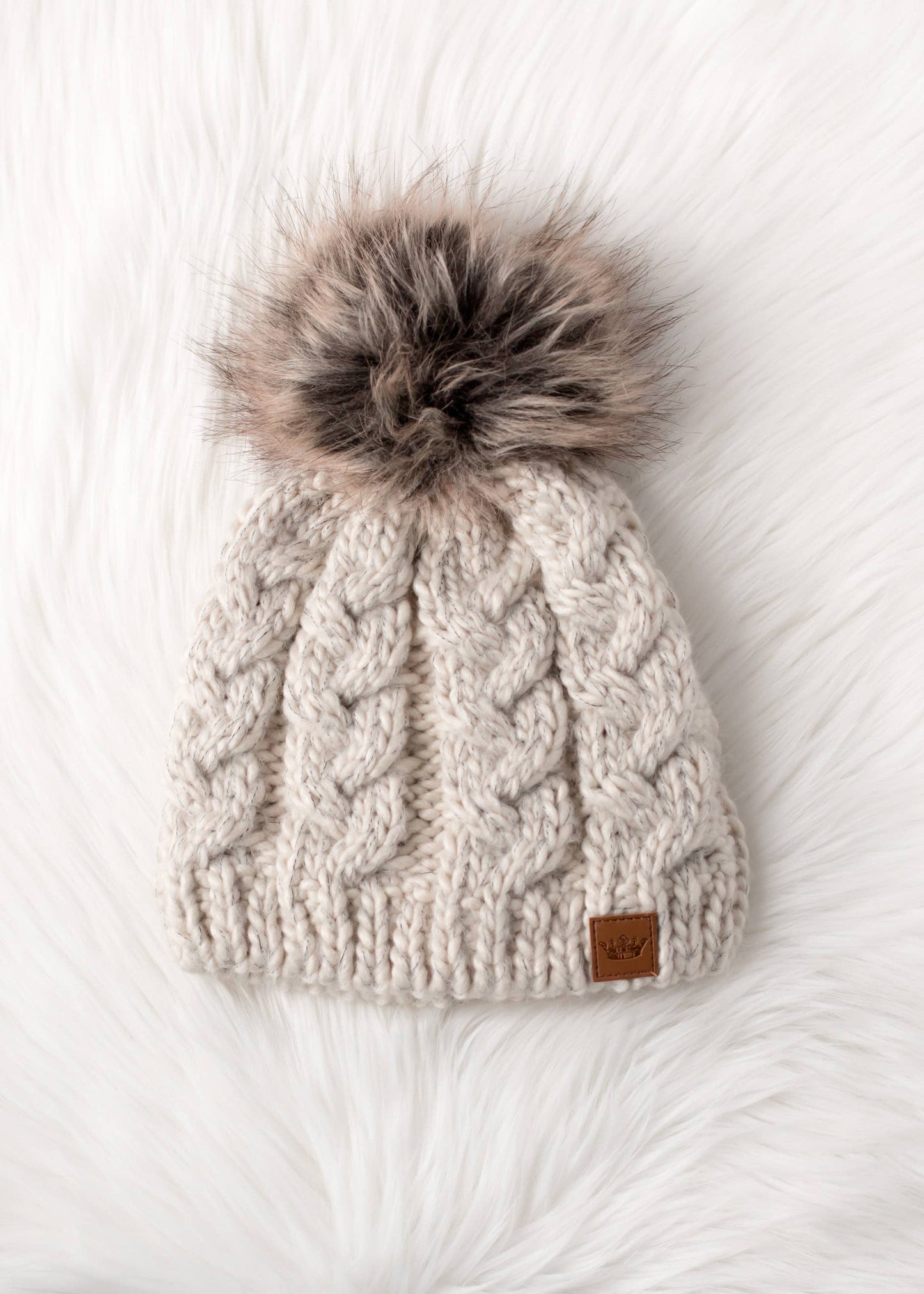 Beige Cable Knit Pom Hat
