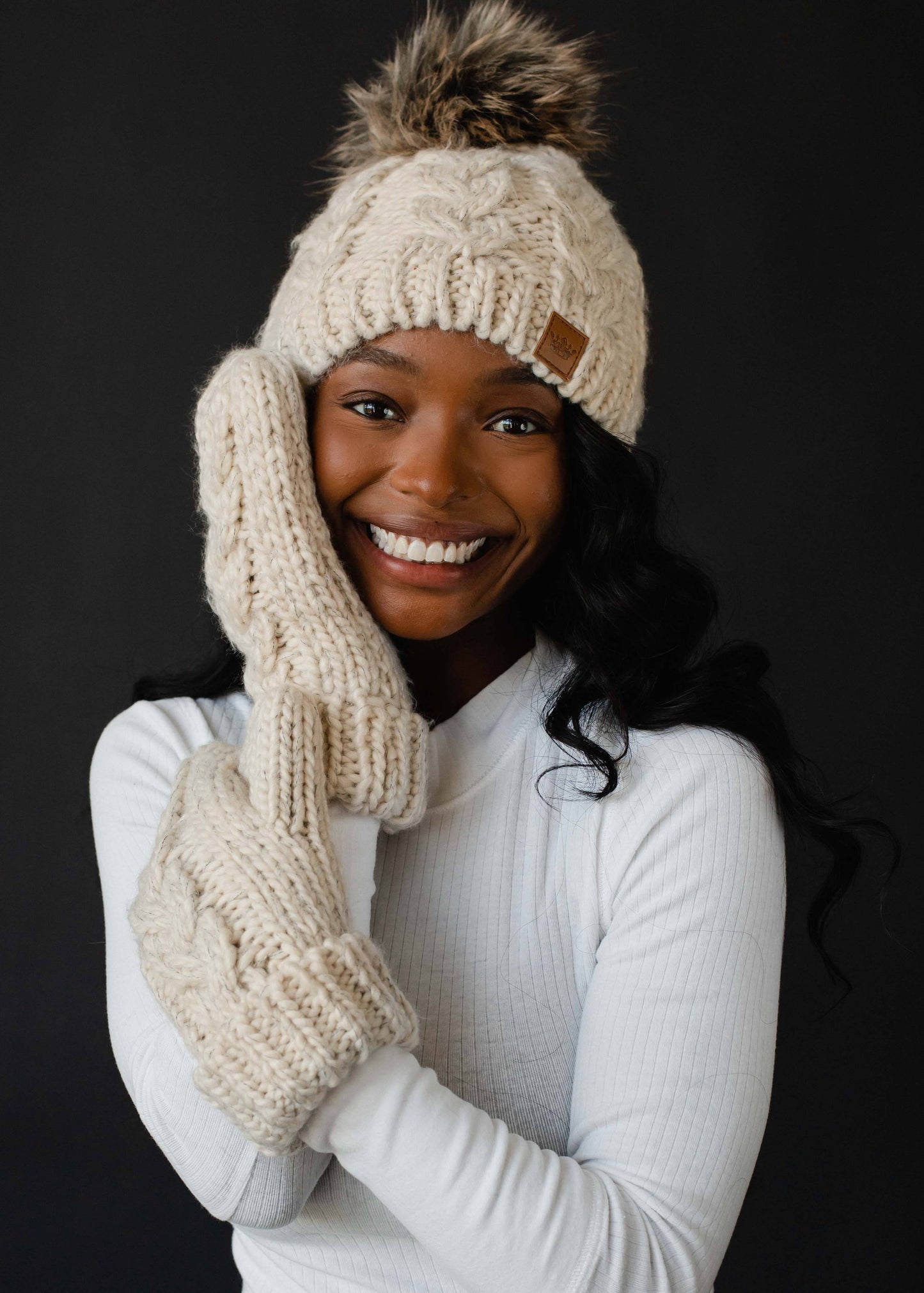 Beige Cable Knit Pom Hat