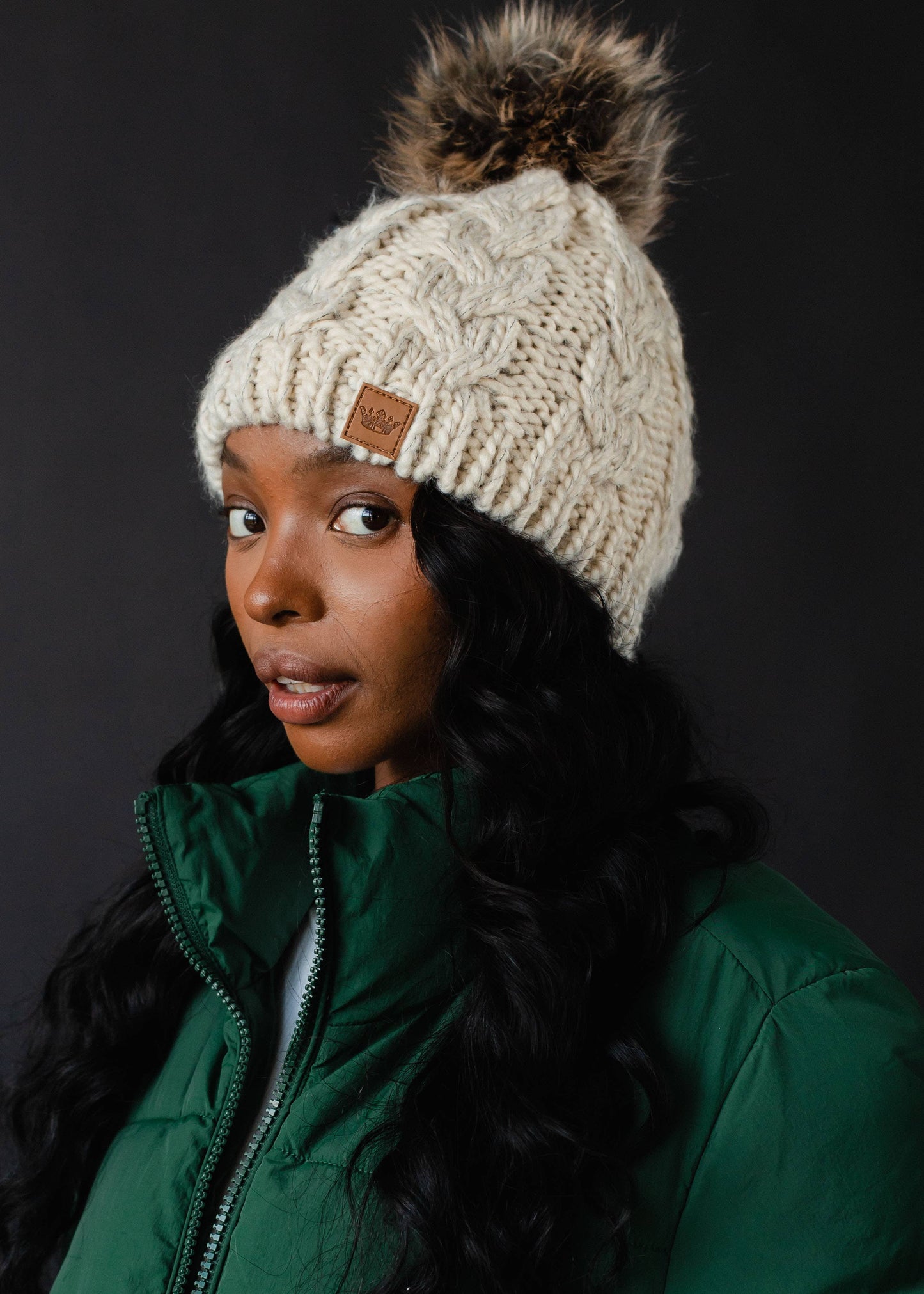 Beige Cable Knit Pom Hat