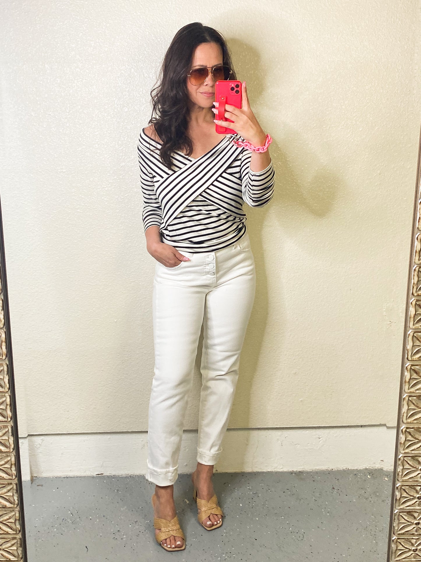 BiBi Crisscross Striped Long Sleeve Blouse