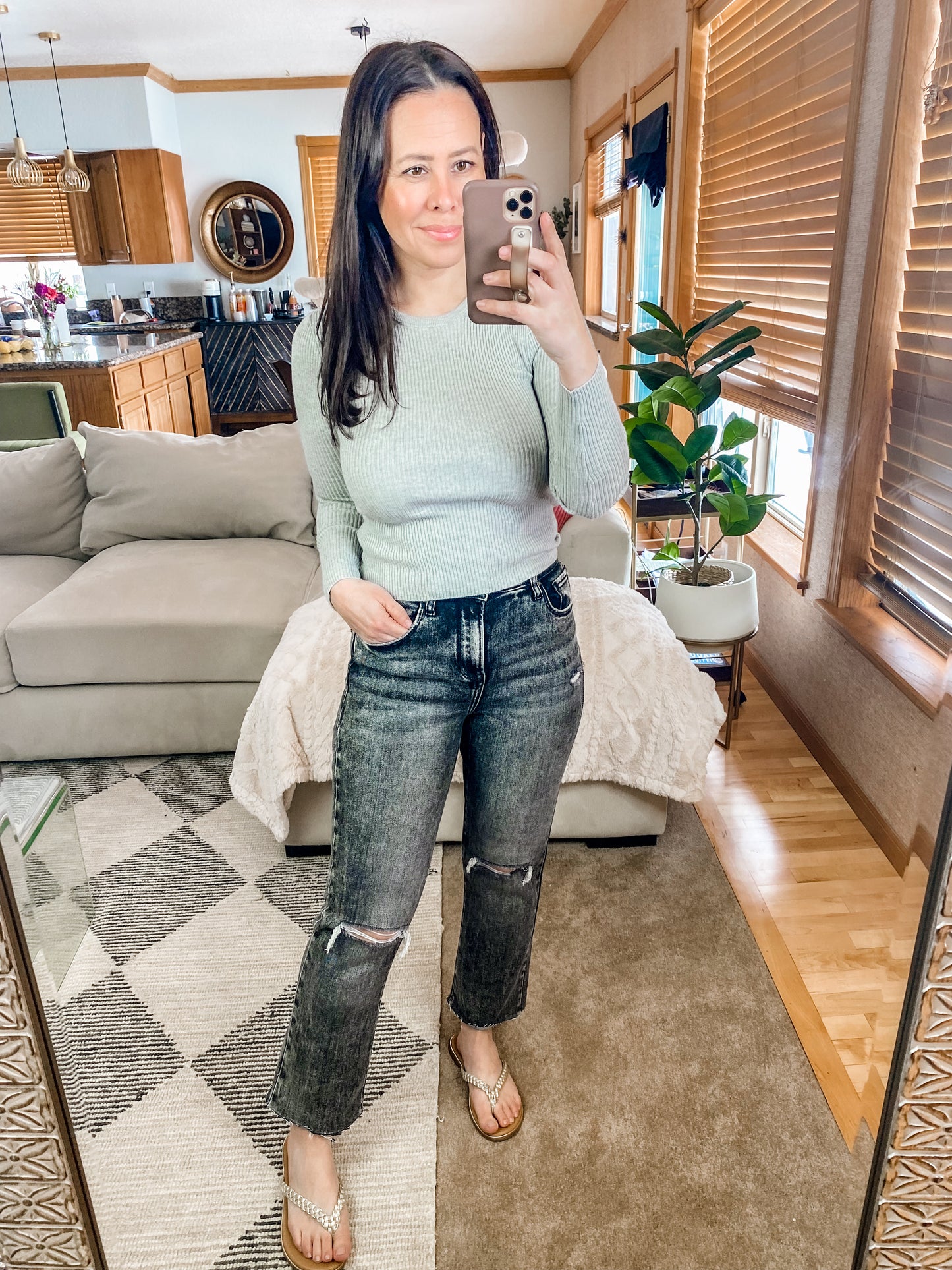 Ribbed Round Neck Long Sleeve Knit Top