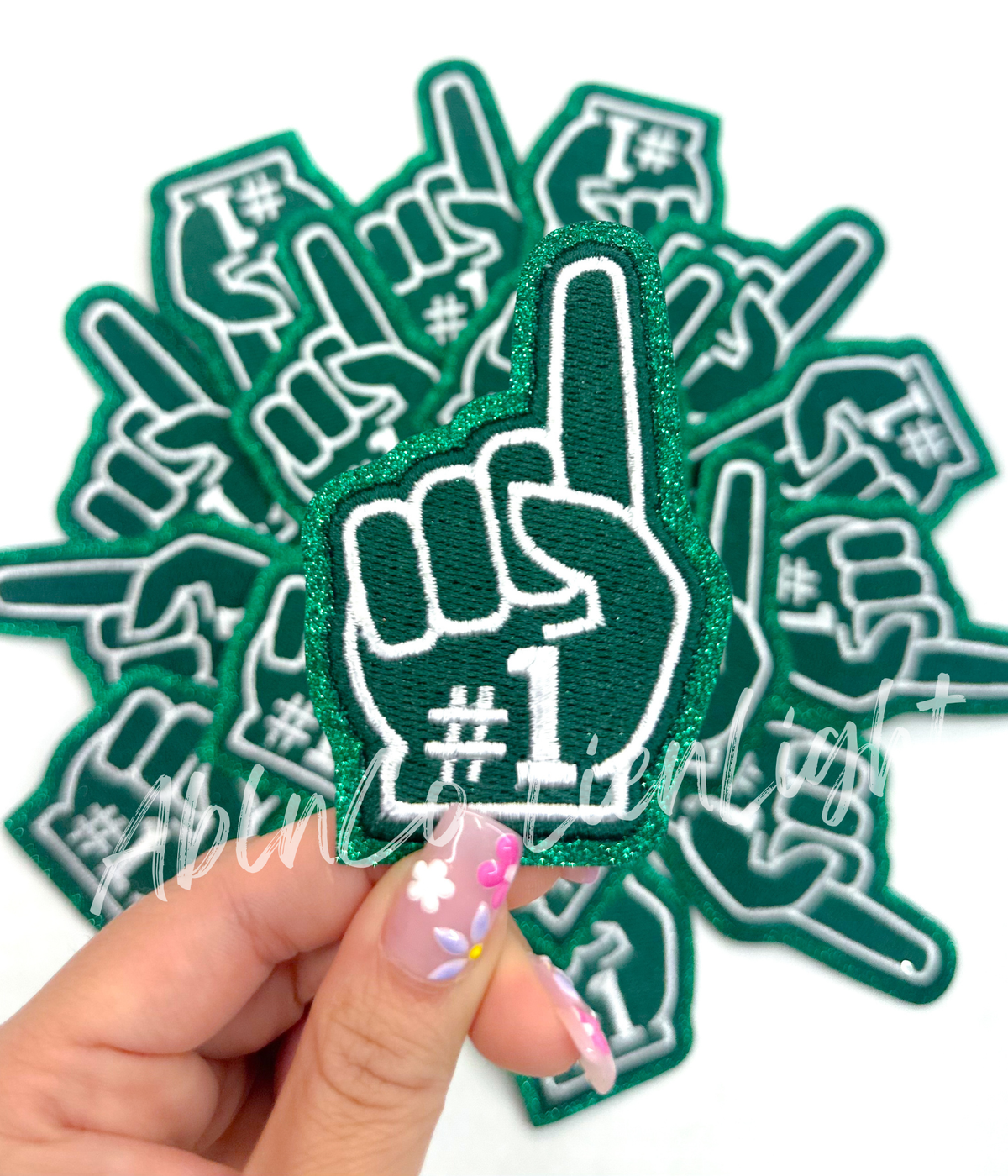 Green #1 foam finger game day trucker hat patch iron on