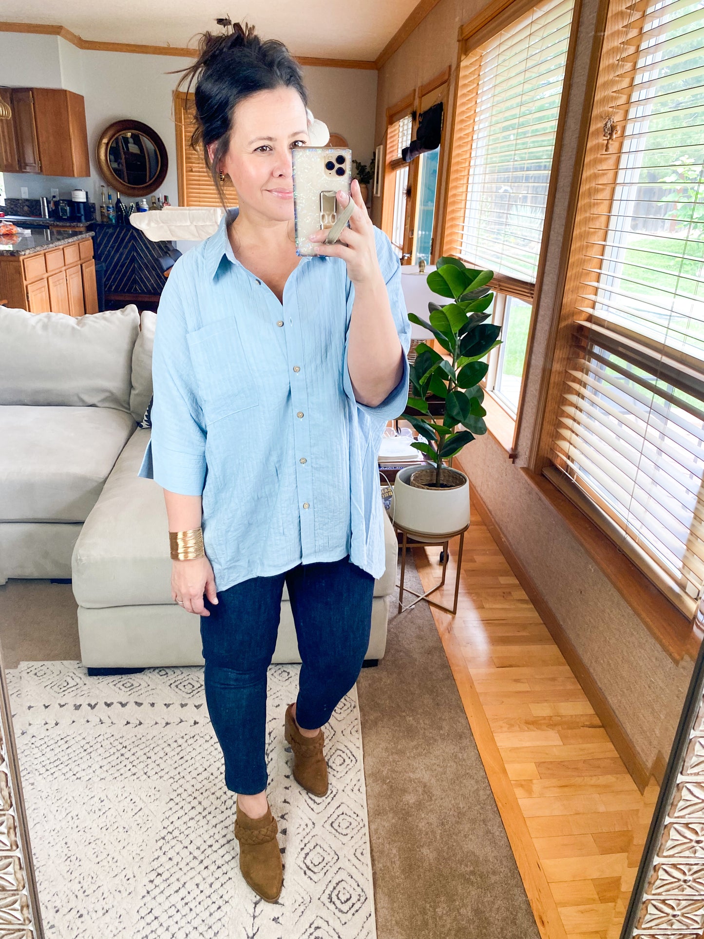 Pleated Batwing Short Sleeve Button Up Top - Multiple Colors