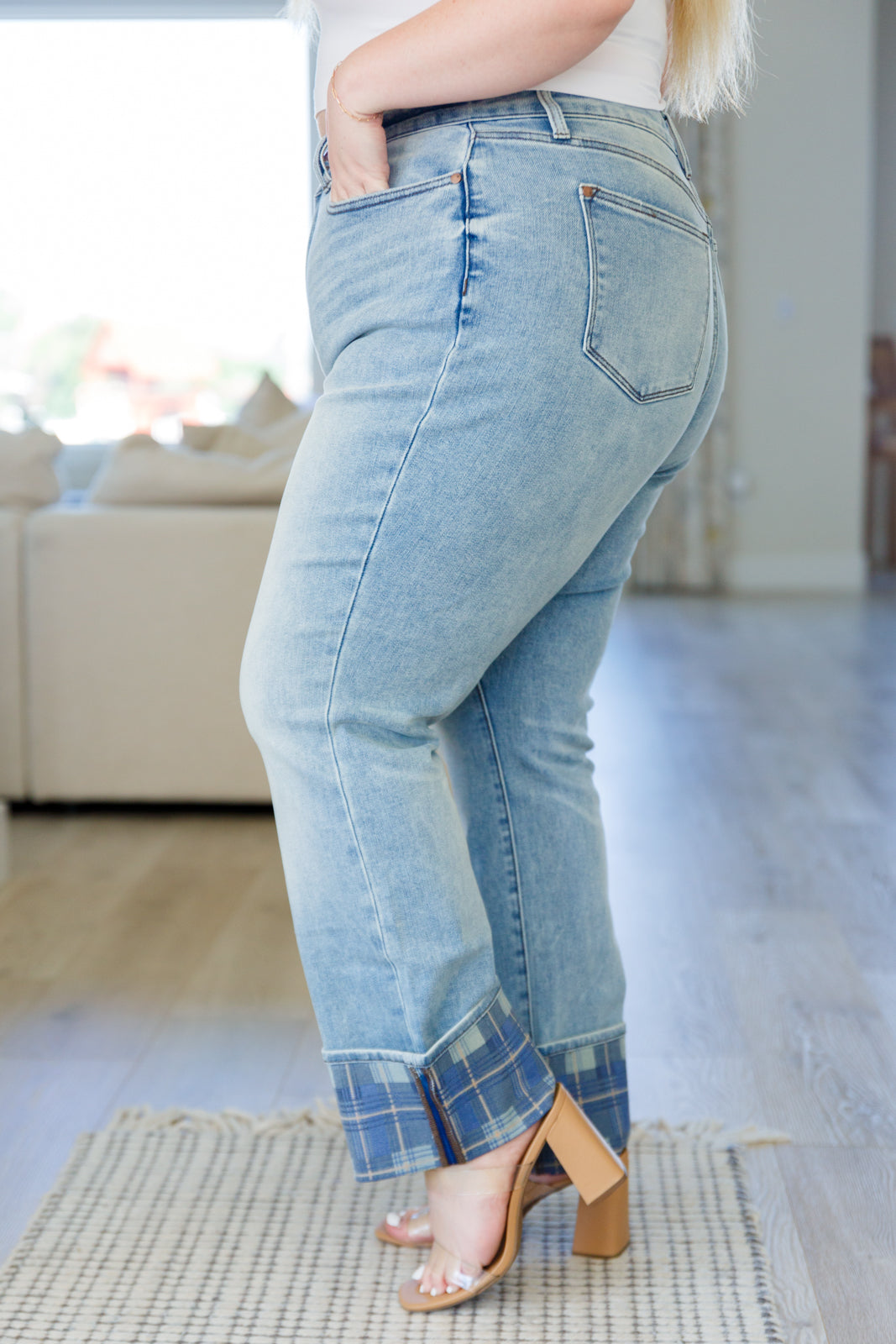 Judy Blue High Rise Plaid Cuff Vintage Straight Jeans