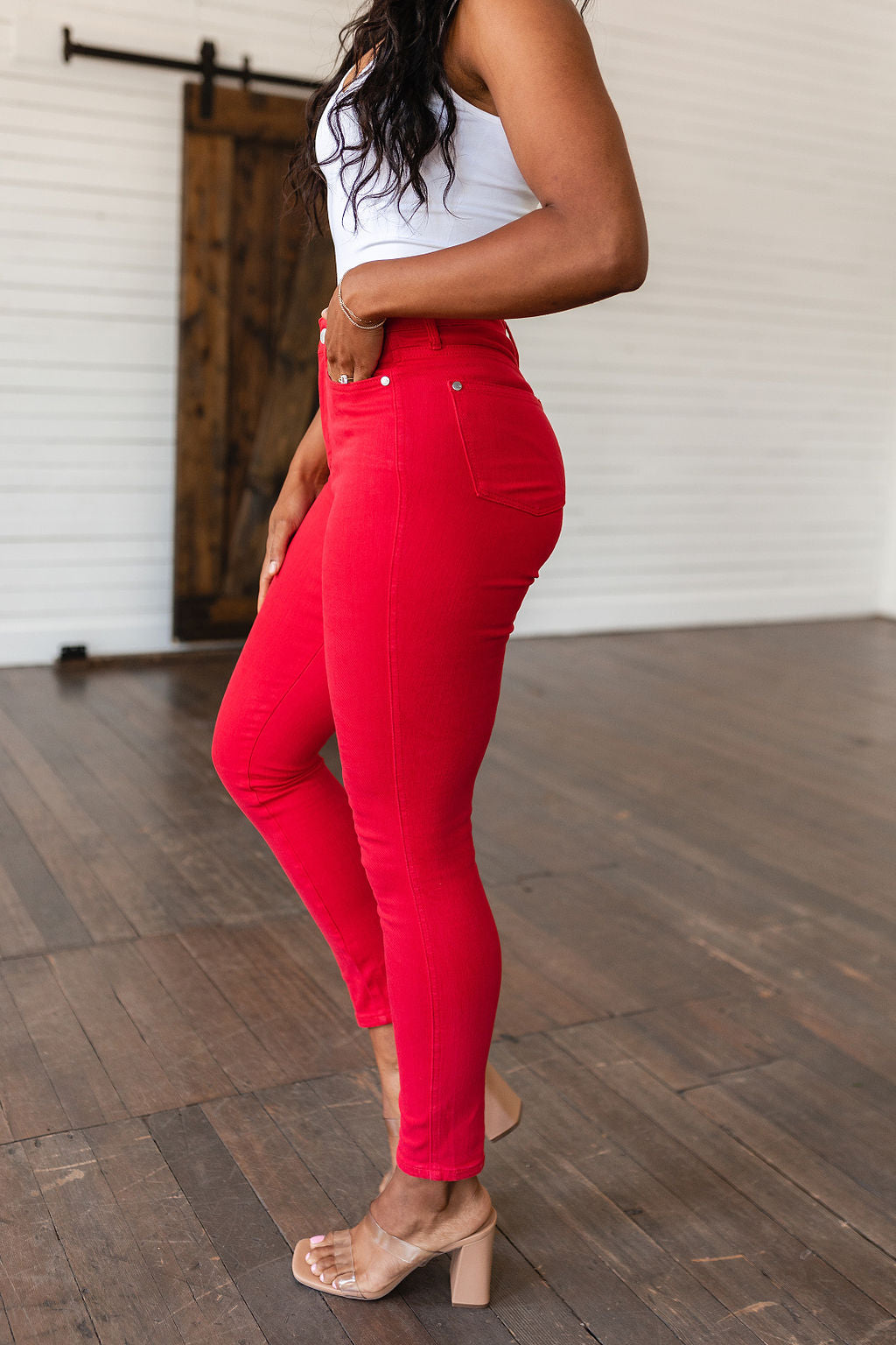 Judy Blue High Rise Control Top Garment Dyed Skinny Jeans in Ruby
