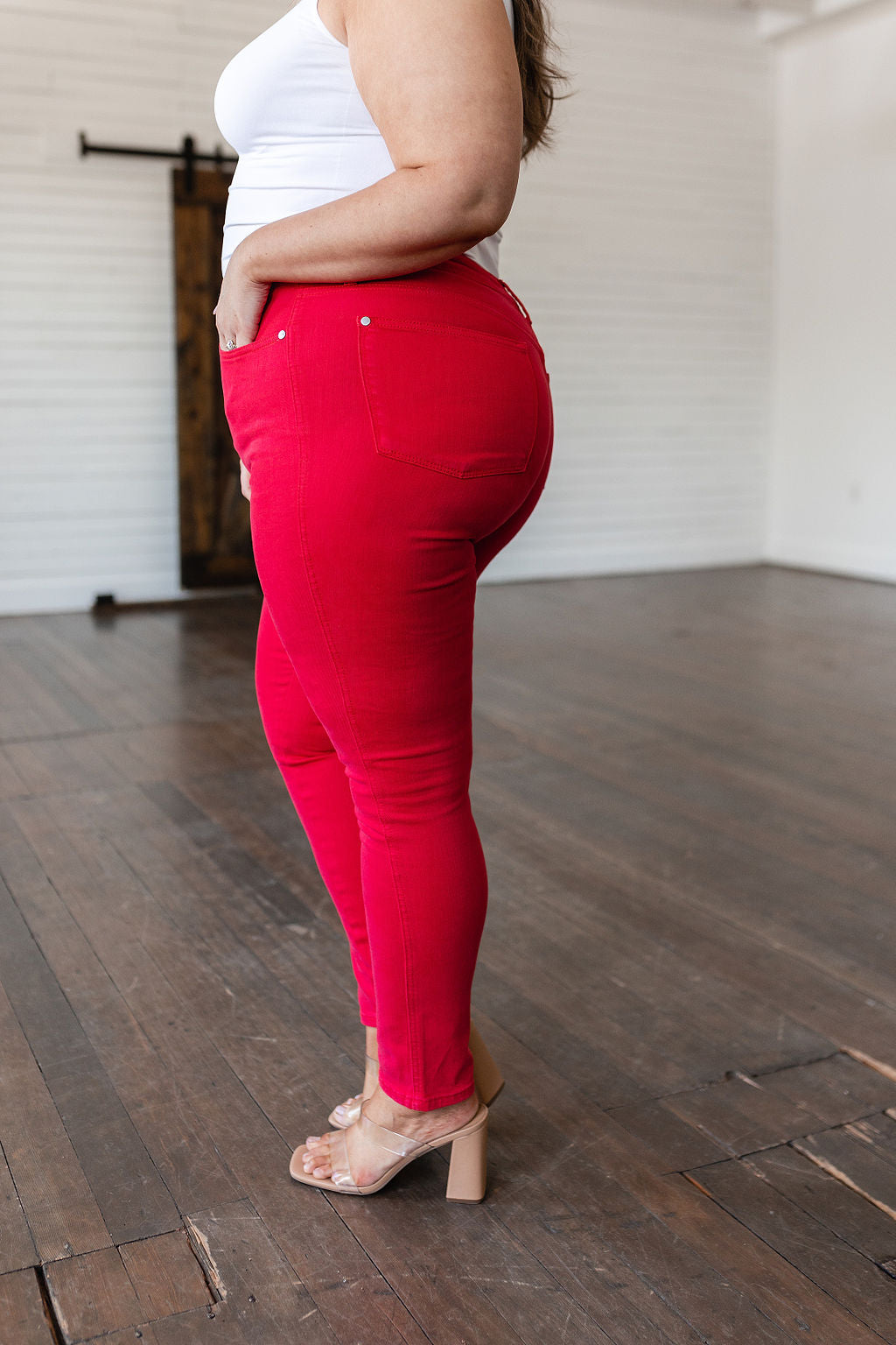Judy Blue High Rise Control Top Garment Dyed Skinny Jeans in Ruby