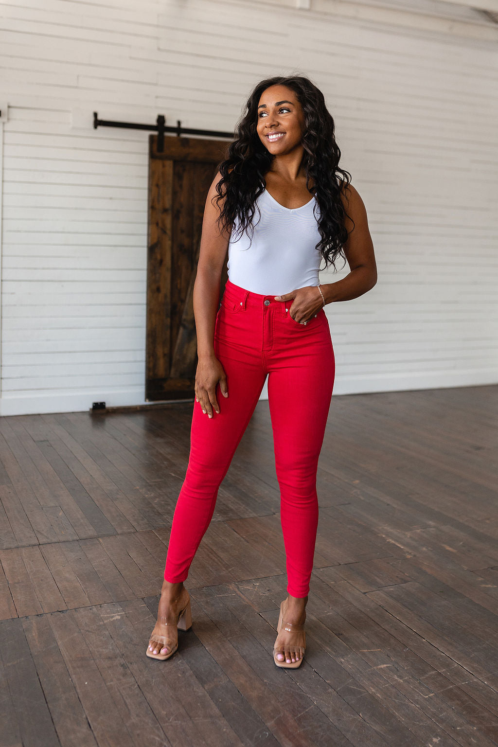 Judy Blue High Rise Control Top Garment Dyed Skinny Jeans in Ruby