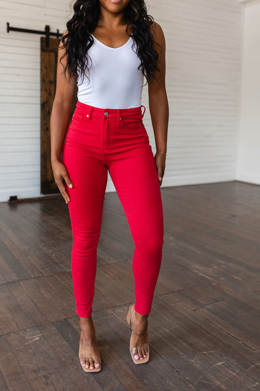 Judy Blue High Rise Control Top Garment Dyed Skinny Jeans in Ruby