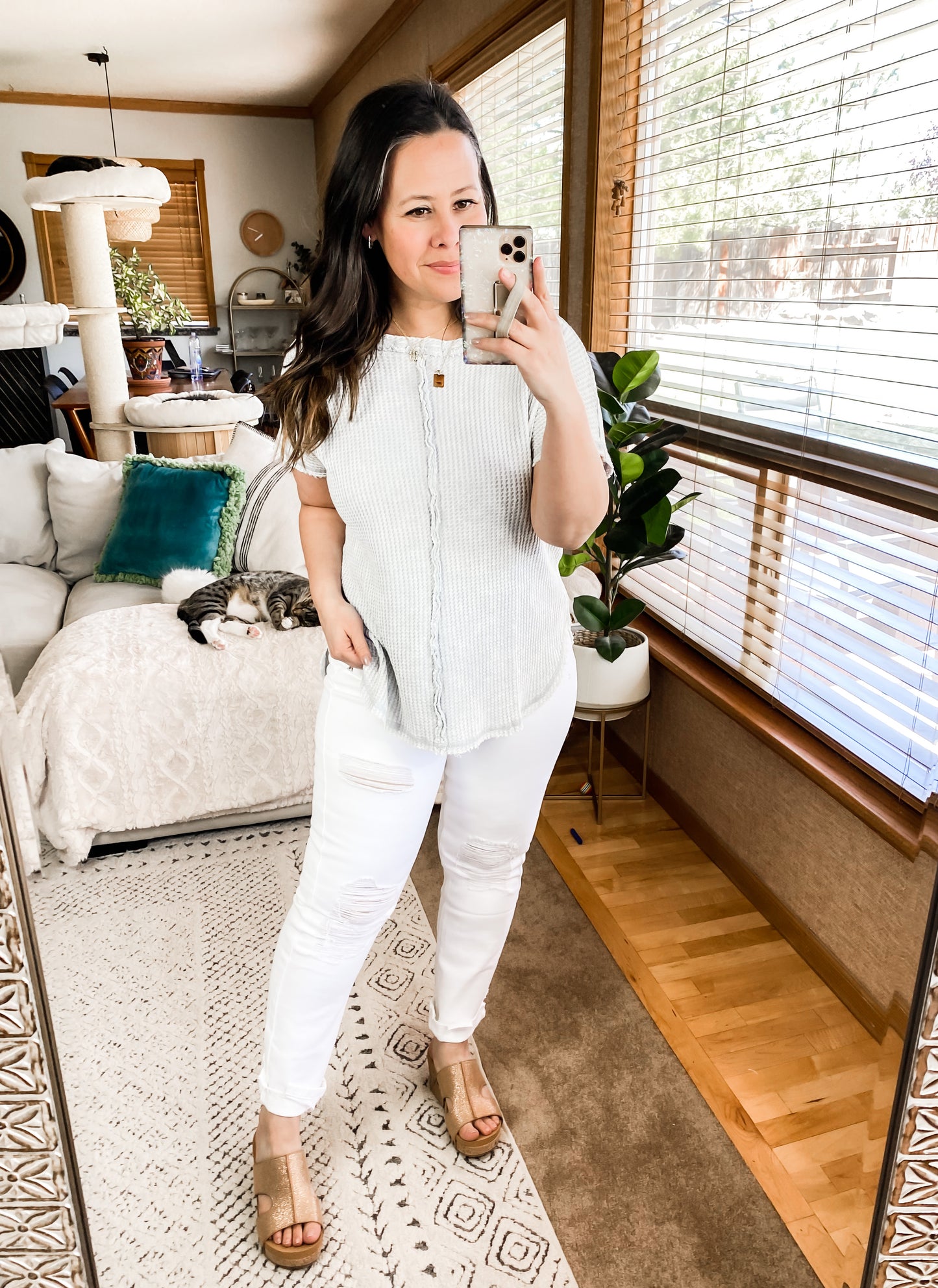 A Wink and a Smile Waffle Knit Top in Light Grey