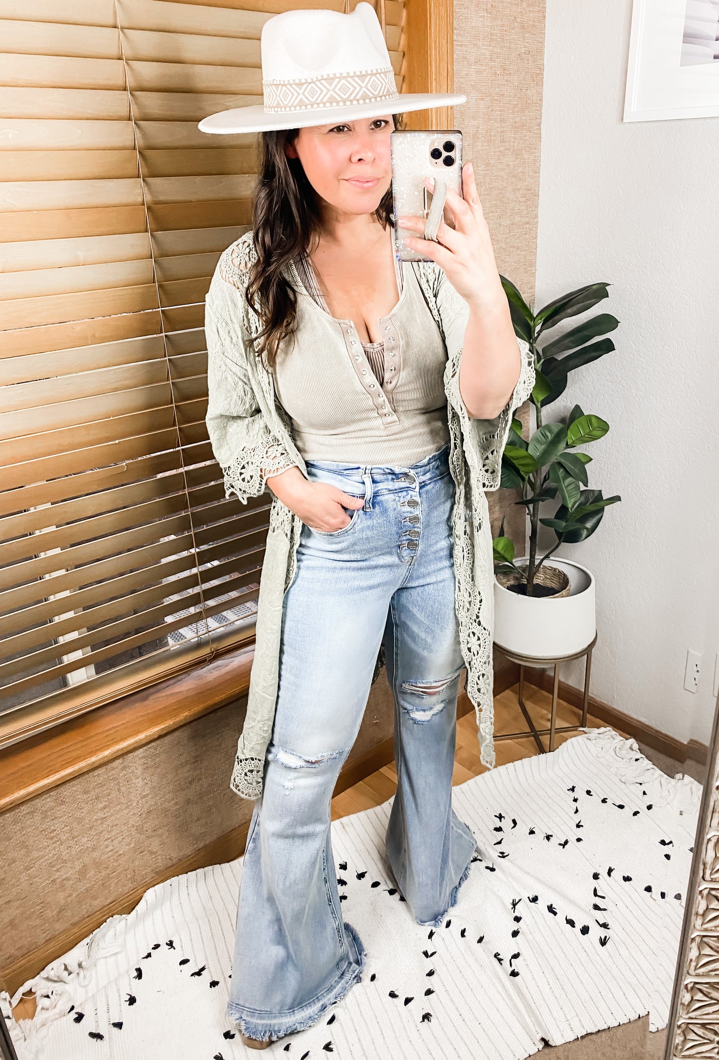Bayeas Ultra High Rise Fly Distressed Stretch Flare Jean
