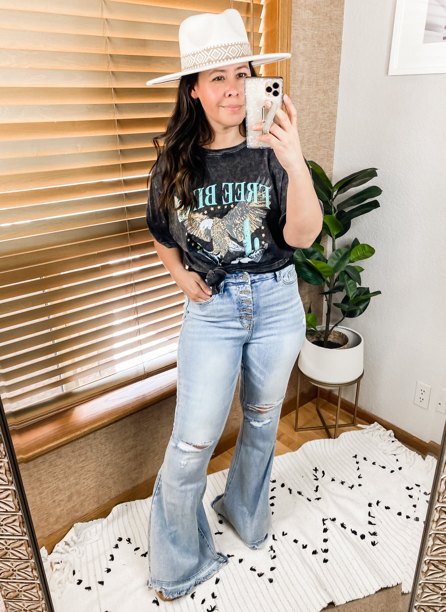 Bayeas Ultra High Rise Fly Distressed Stretch Flare Jean
