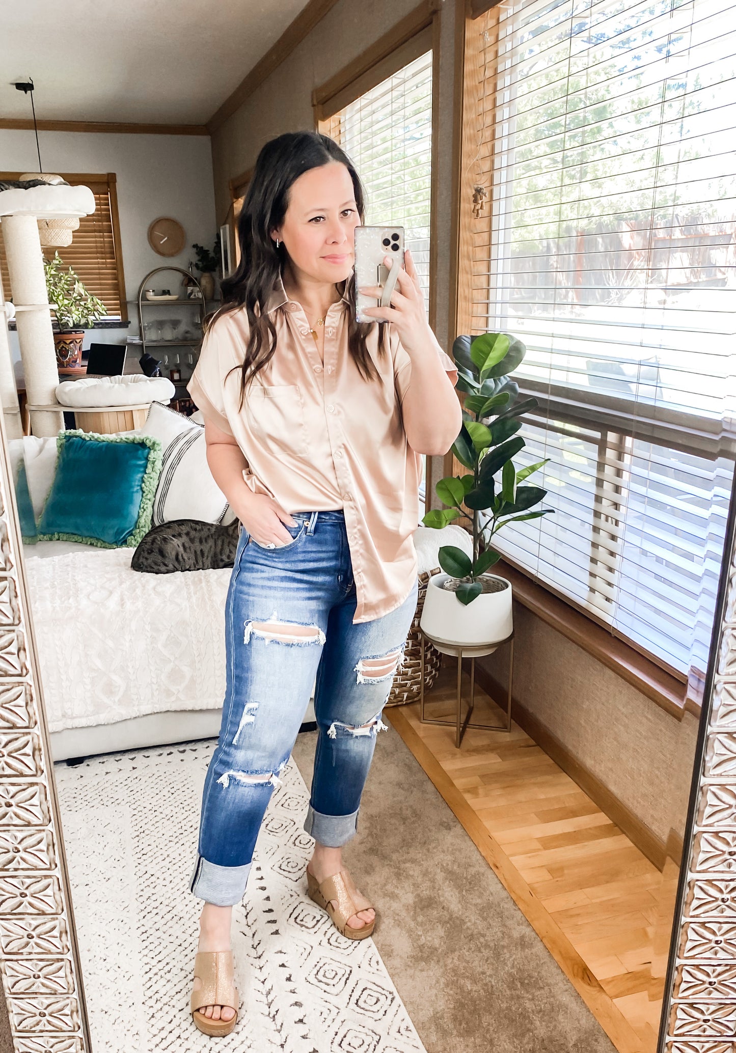 Never Have I Ever Button Down Blouse in Champagne