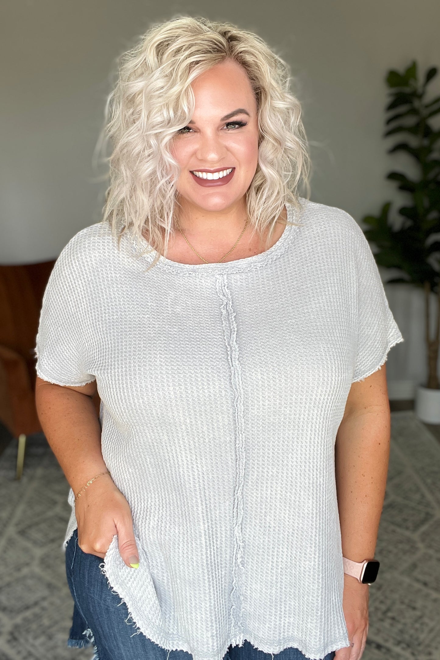 A Wink and a Smile Waffle Knit Top in Light Grey