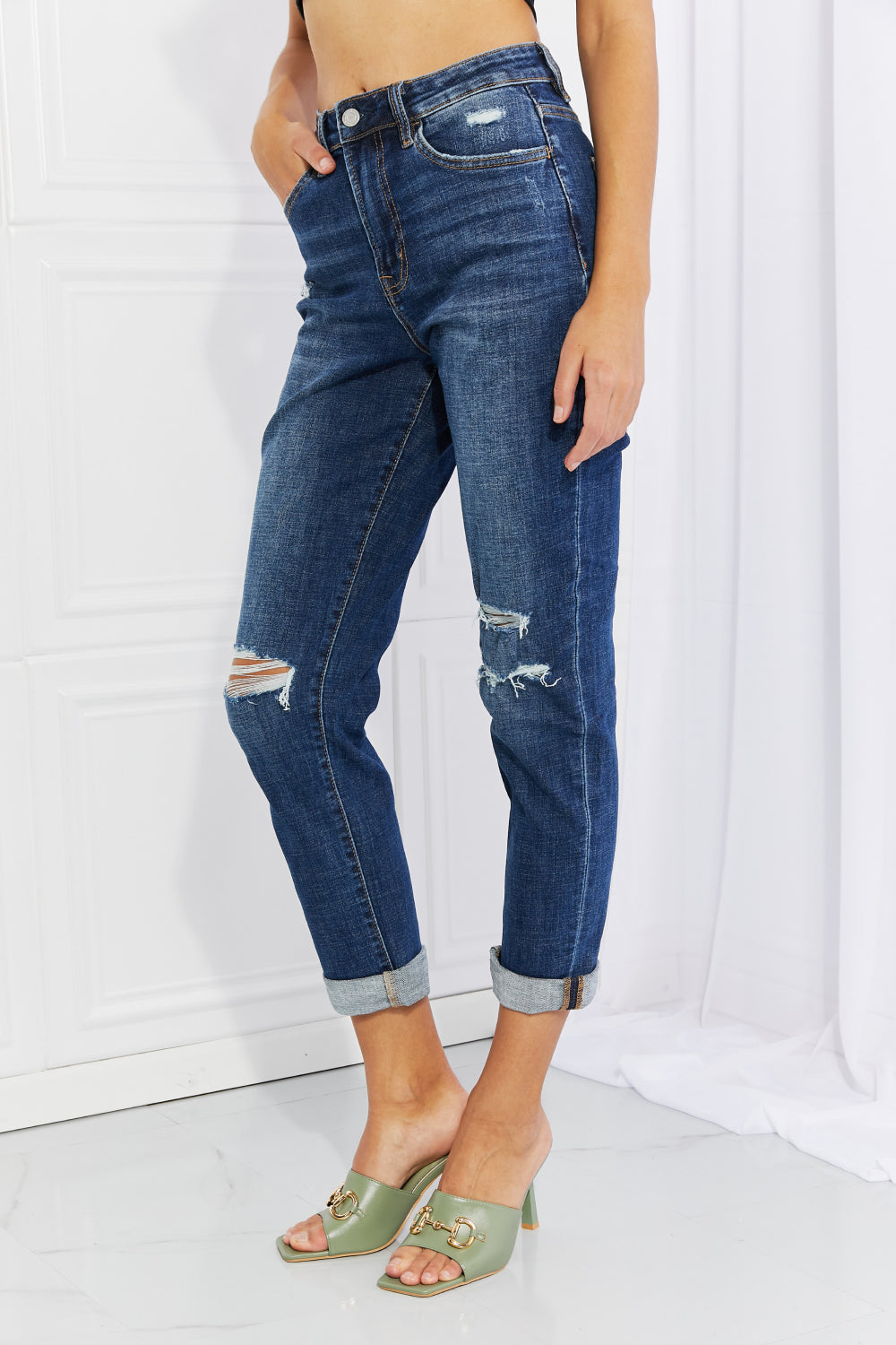 VERVET Rolled Up Mom Jeans - Dark Wash