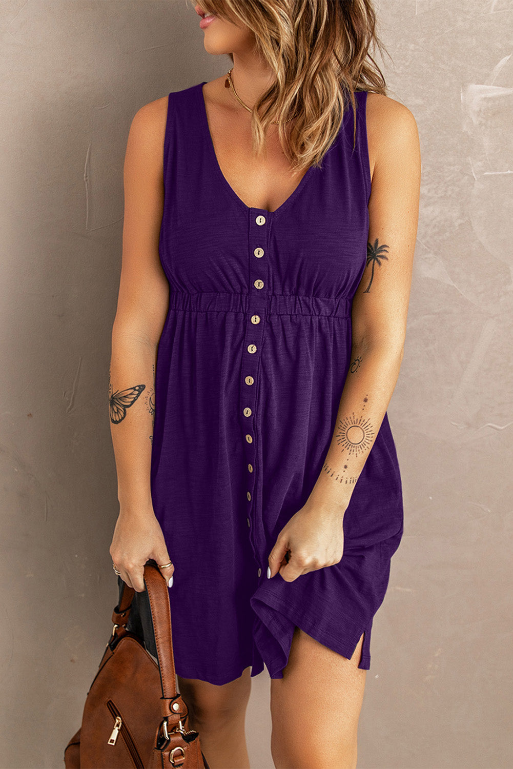 Button Down Sleeveless Dress - (Charcoal, Plum, Navy, Merlot)