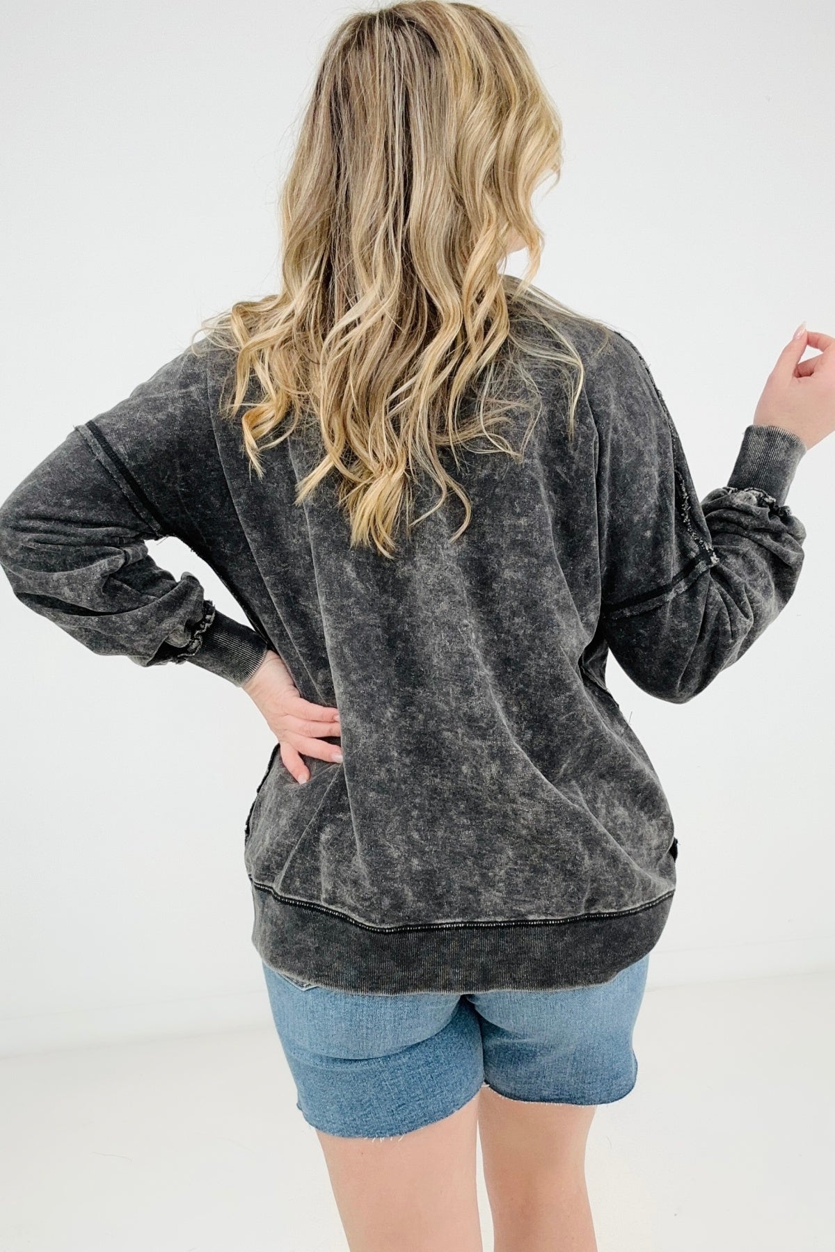 Acid Wash Raw Edge Front Pocket Pullover