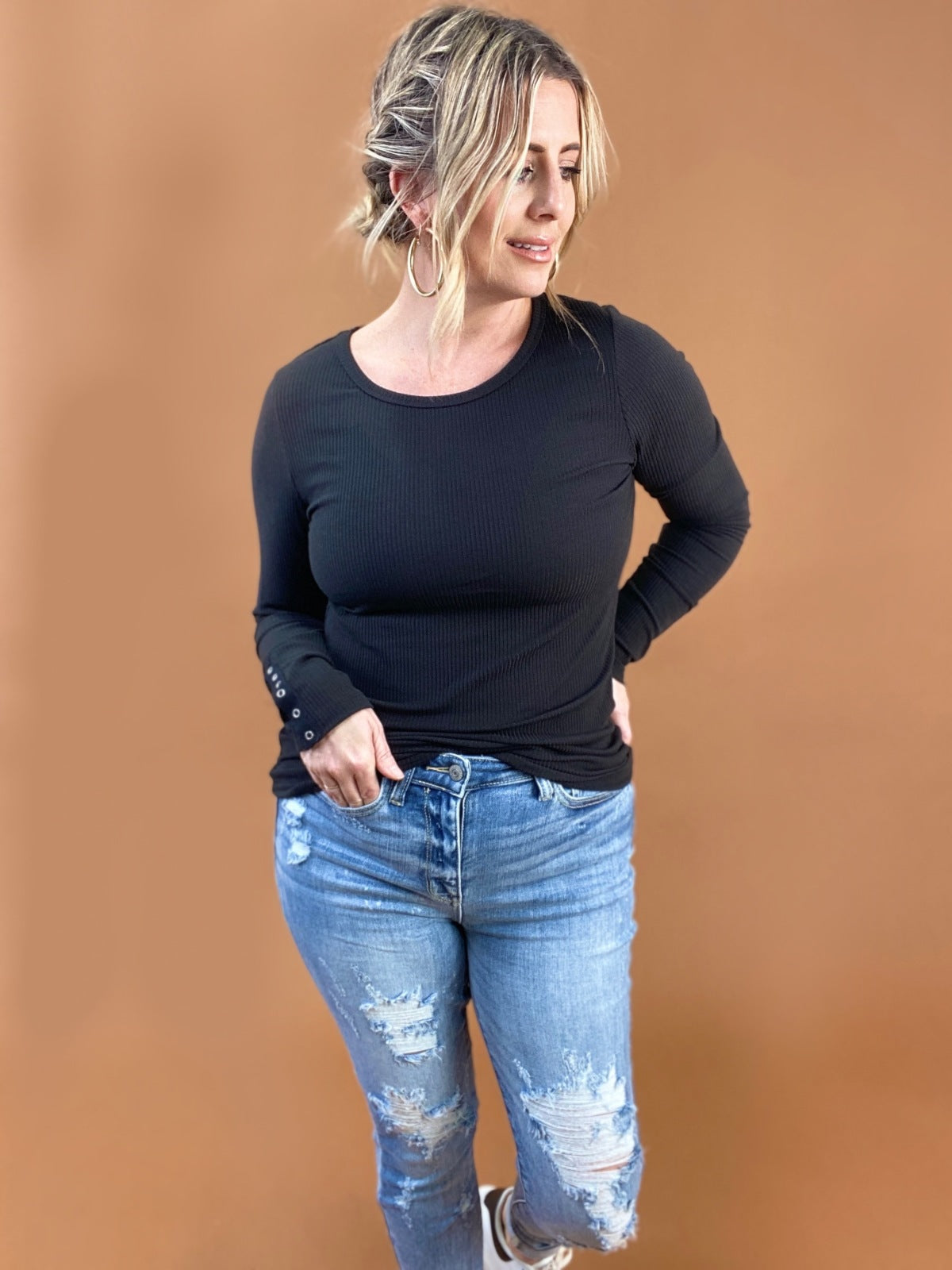 Boat Neck Long Sleeve Solid Ribbed Knit Top