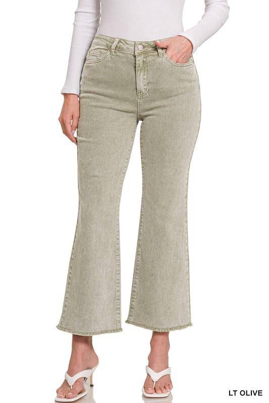Zenana Acid Wash High Waist Frayed Hem Cropped Jeans - Multiple Colors