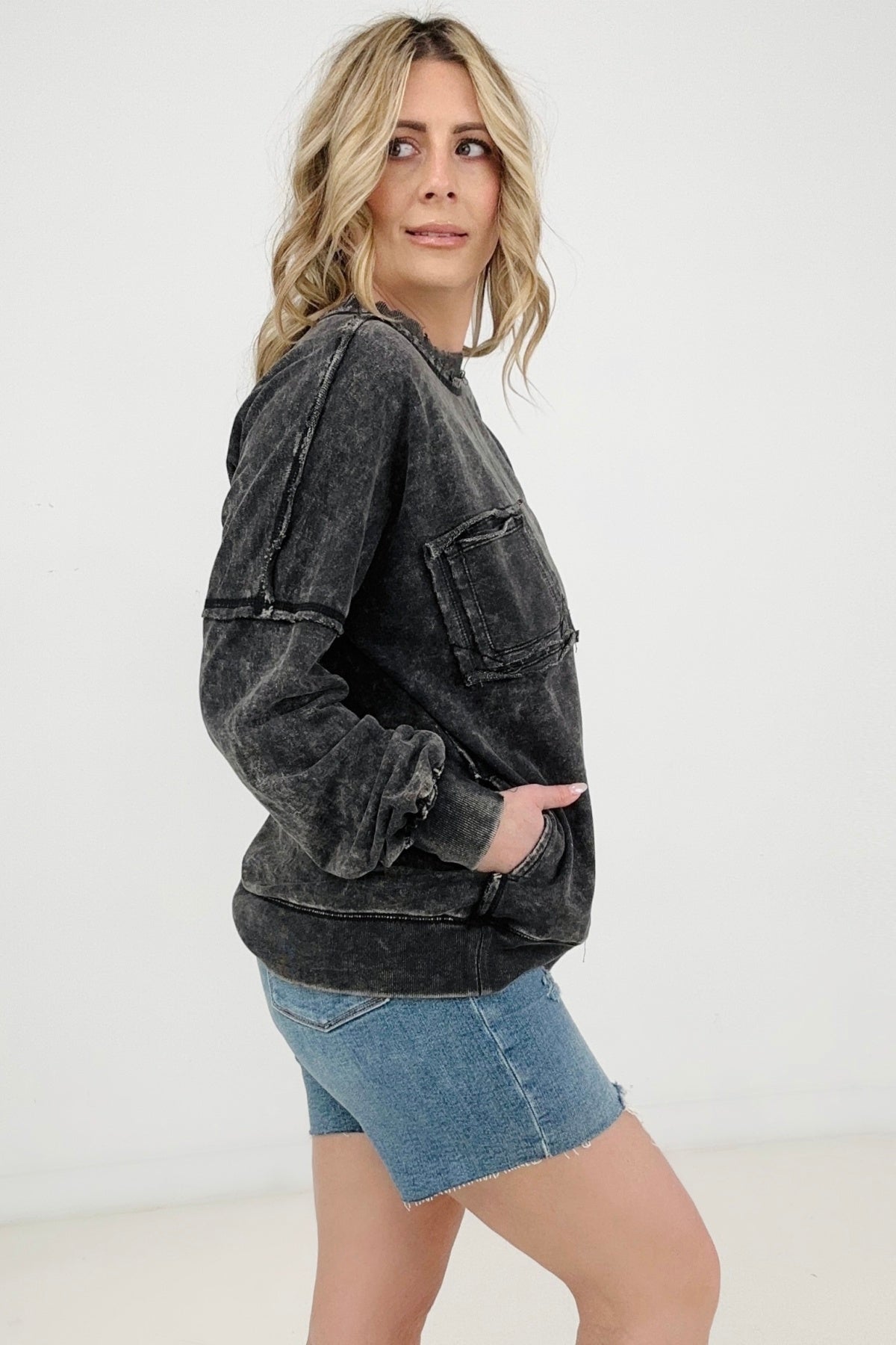 Acid Wash Raw Edge Front Pocket Pullover