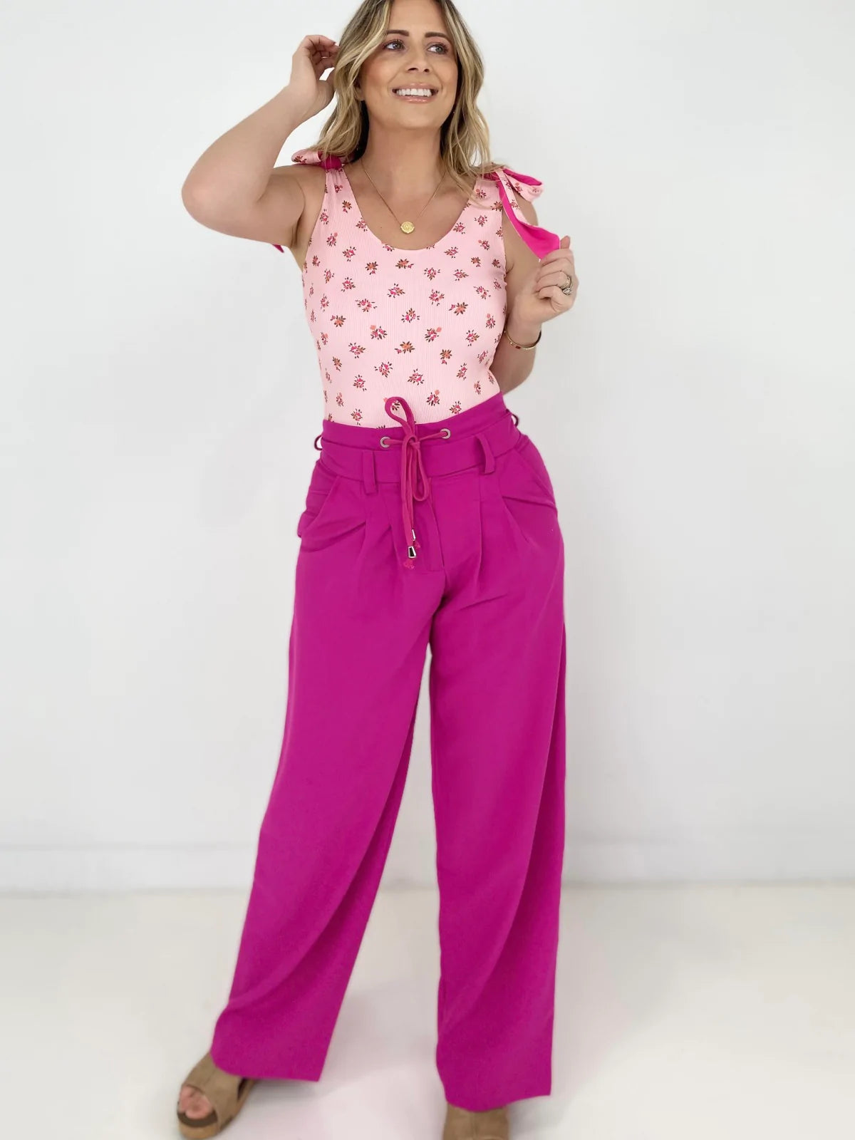 Pink High Waist Woven Wide Leg Pants