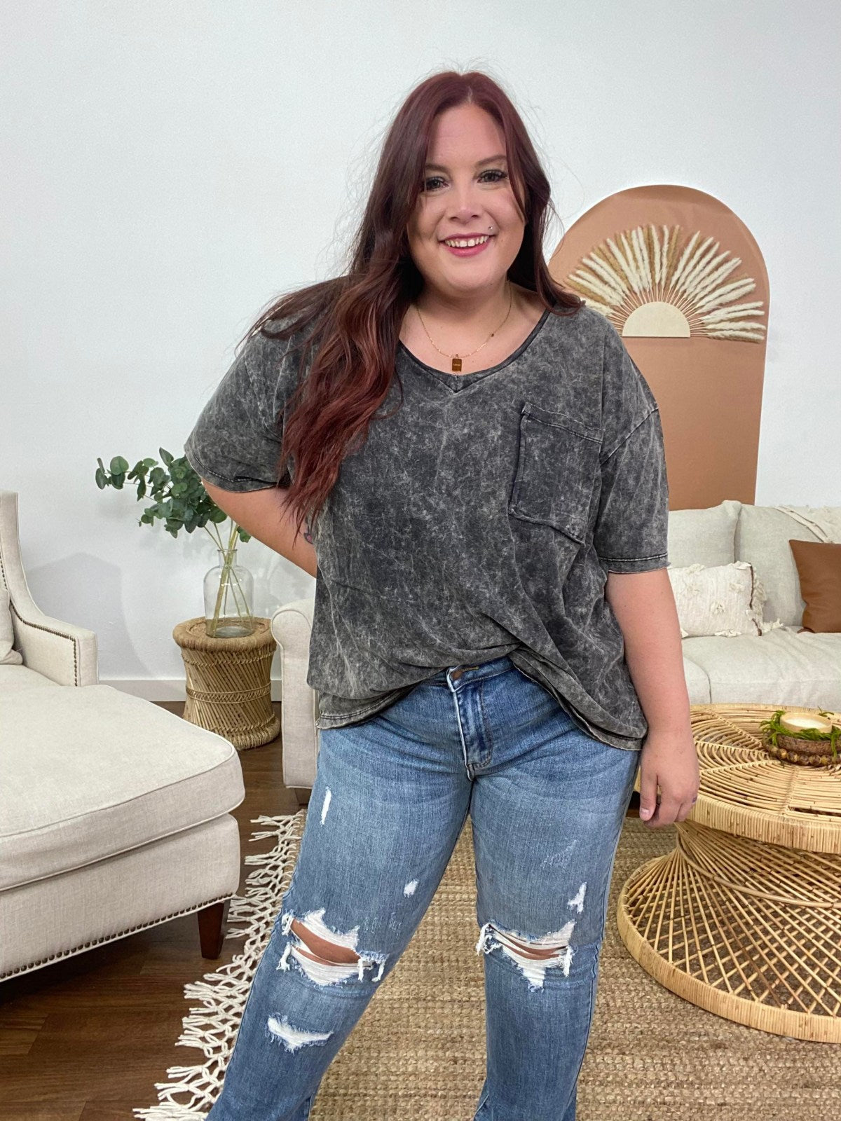 Zenana Acid Wash Oversized Front Pocket Raw Edge Boyfriend Tee