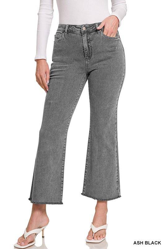 Zenana Acid Wash High Waist Frayed Hem Cropped Jeans - Multiple Colors