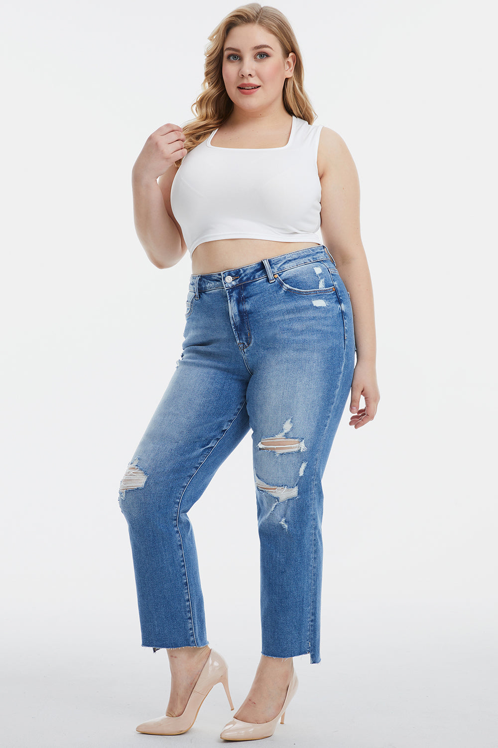 BAYEAS Mid Rise Distressed Ripped Straight Jeans