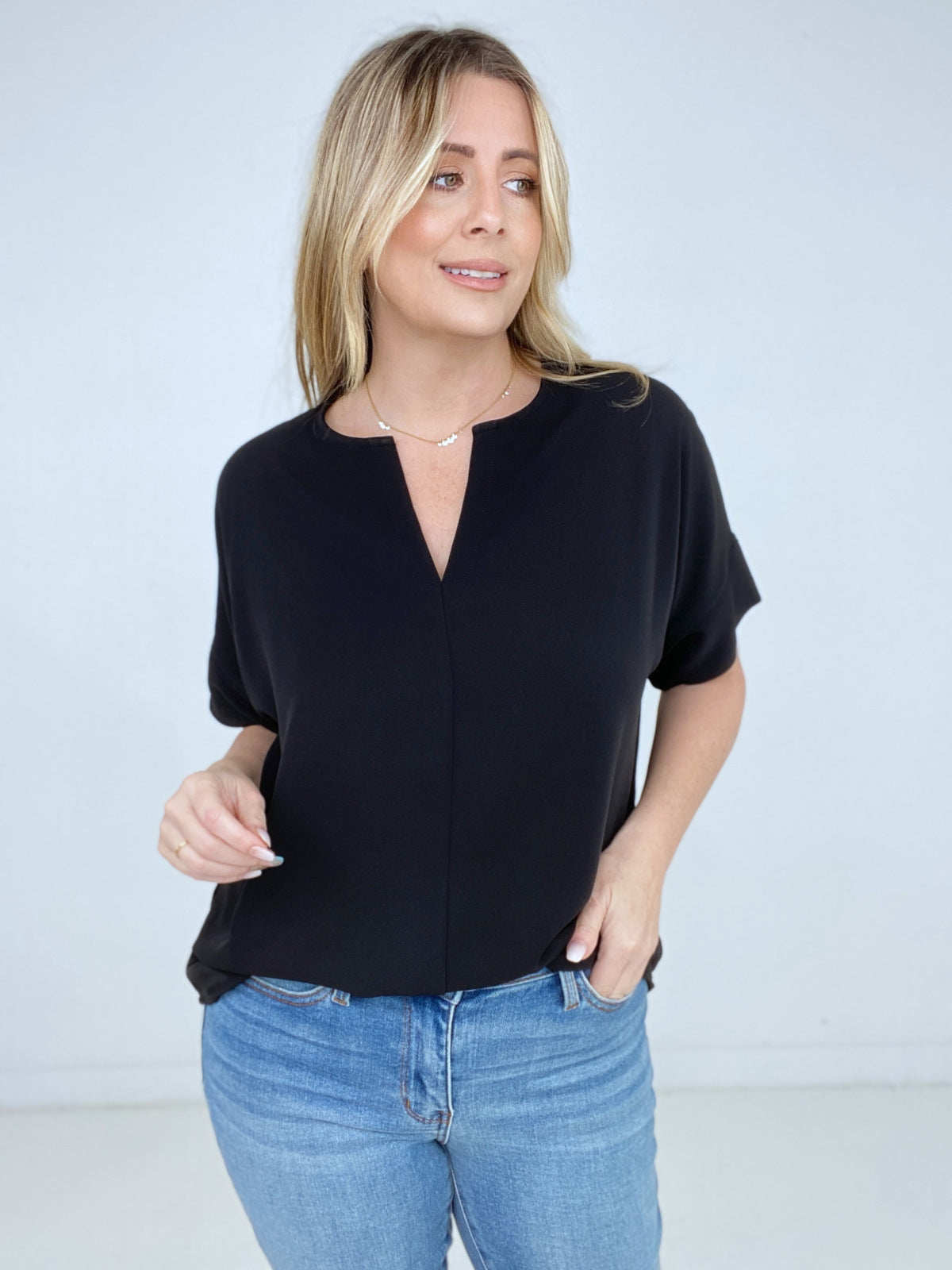 Zenana Heavy Woven Span Split Neck Short Sleeve Top