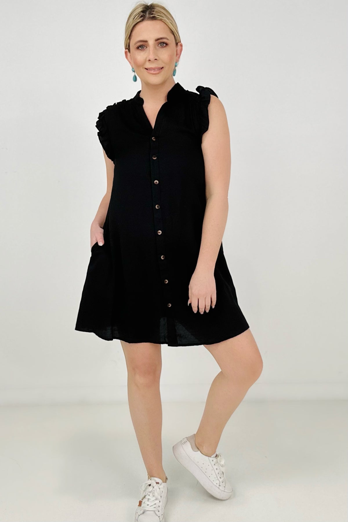 Button Down Mini Dress with Ruffle Sleeves