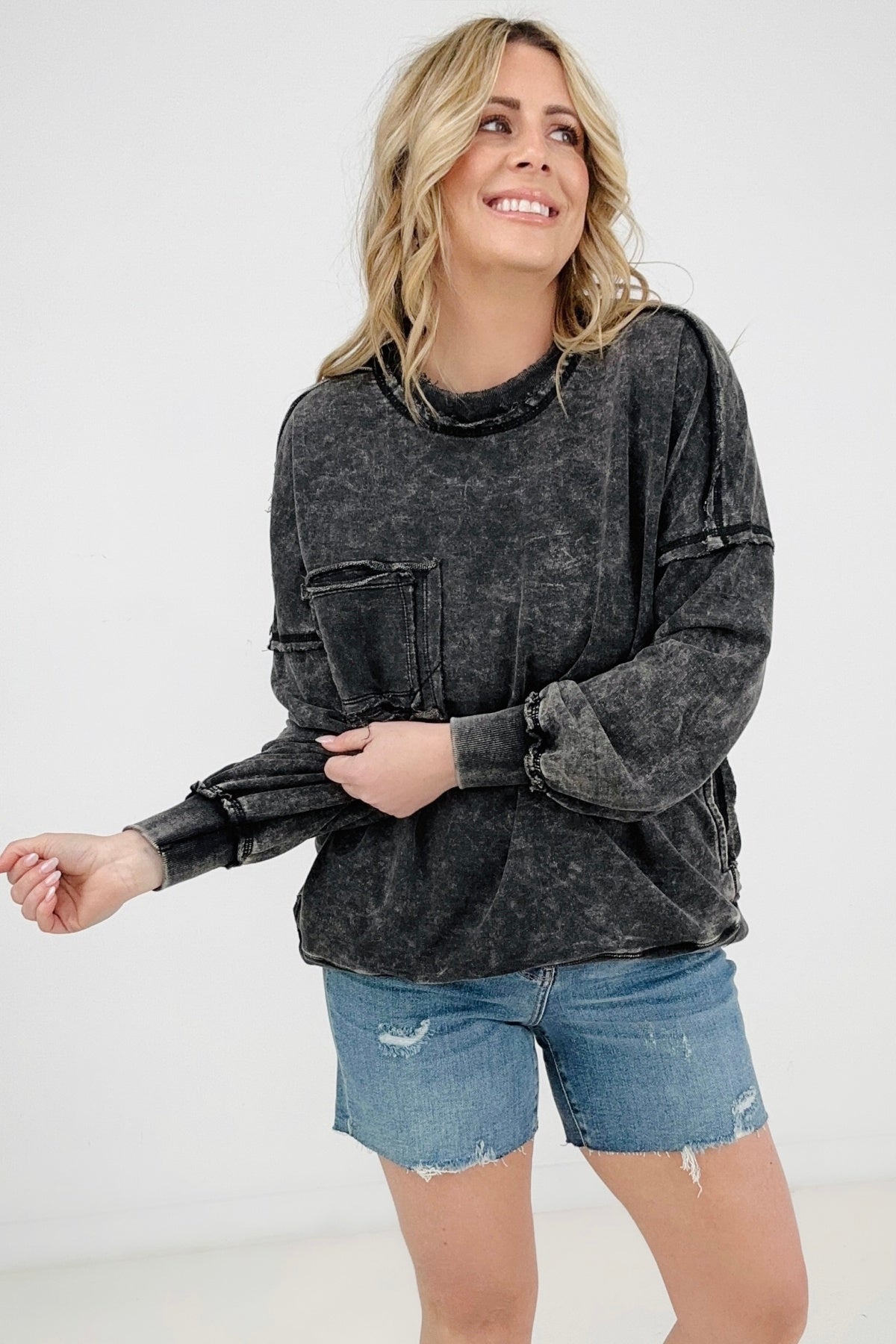 Acid Wash Raw Edge Front Pocket Pullover