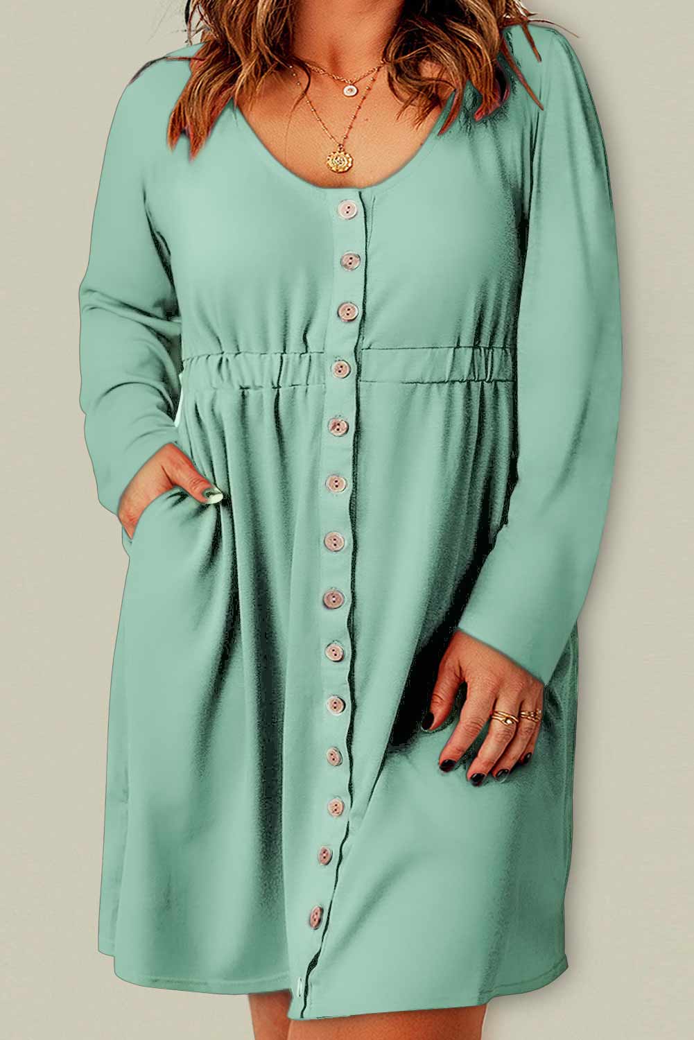 Plus Size Button Front Long Sleeve Dress - (Gray, Pink, Black and Green)