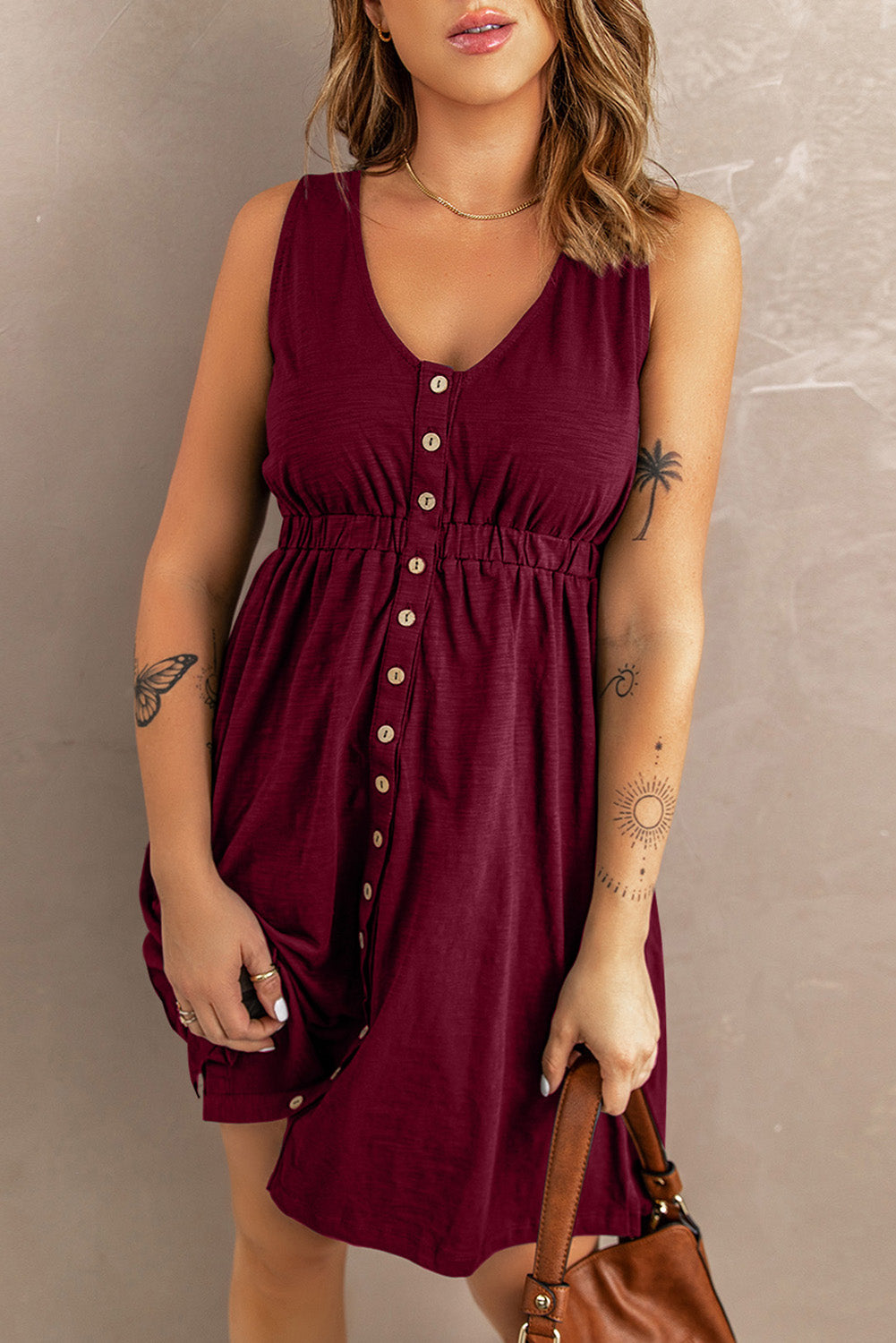 Button Down Sleeveless Dress - (Charcoal, Plum, Navy, Merlot)