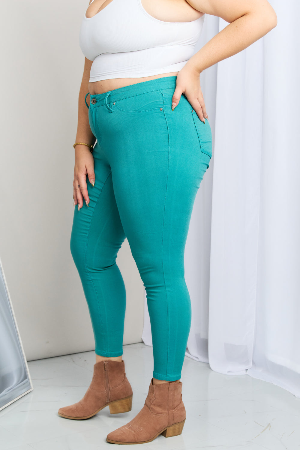 YMI Hyper-Stretch Mid-Rise Skinnies in Sea Green