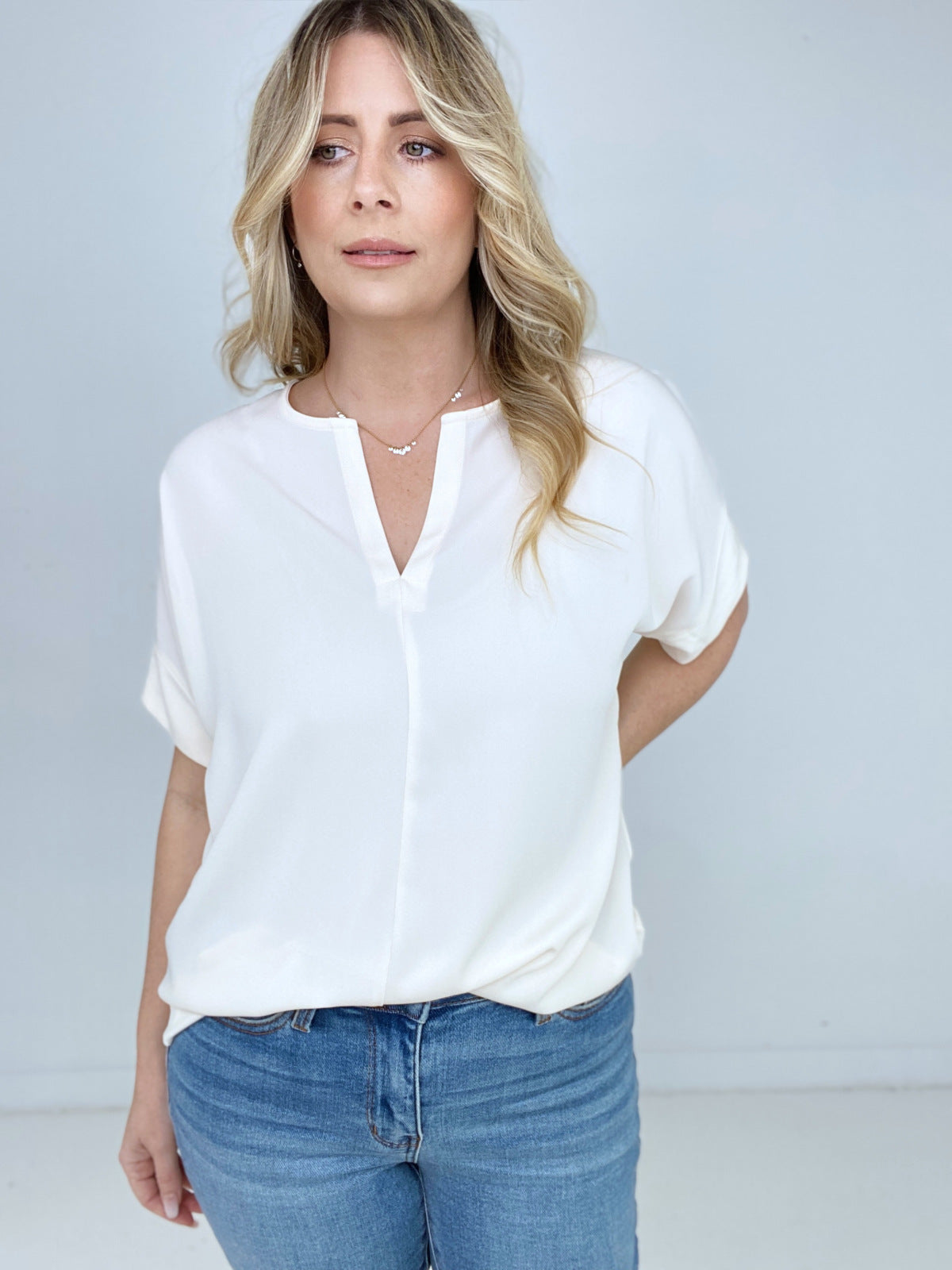 Zenana Heavy Woven Span Split Neck Short Sleeve Top