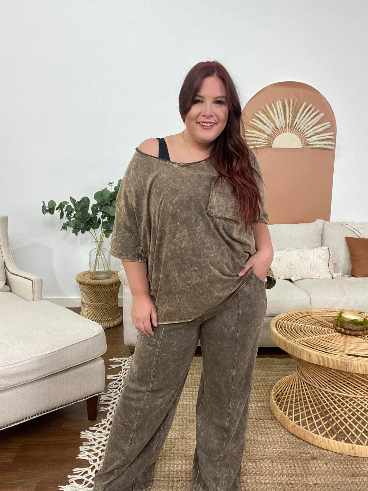 Zenana Acid Wash Oversized Front Pocket Raw Edge Boyfriend Tee