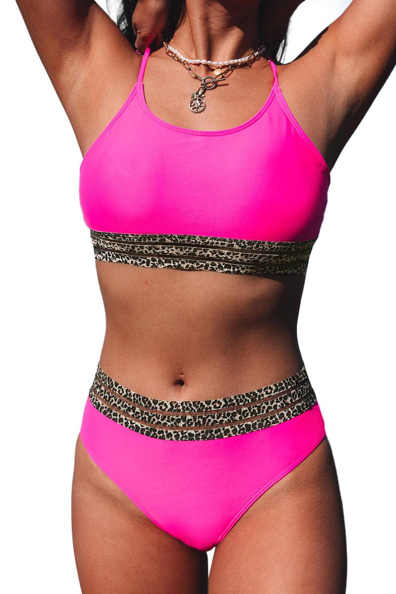 Fucsia Leopard Mesh Trim 2 Piece Bikini