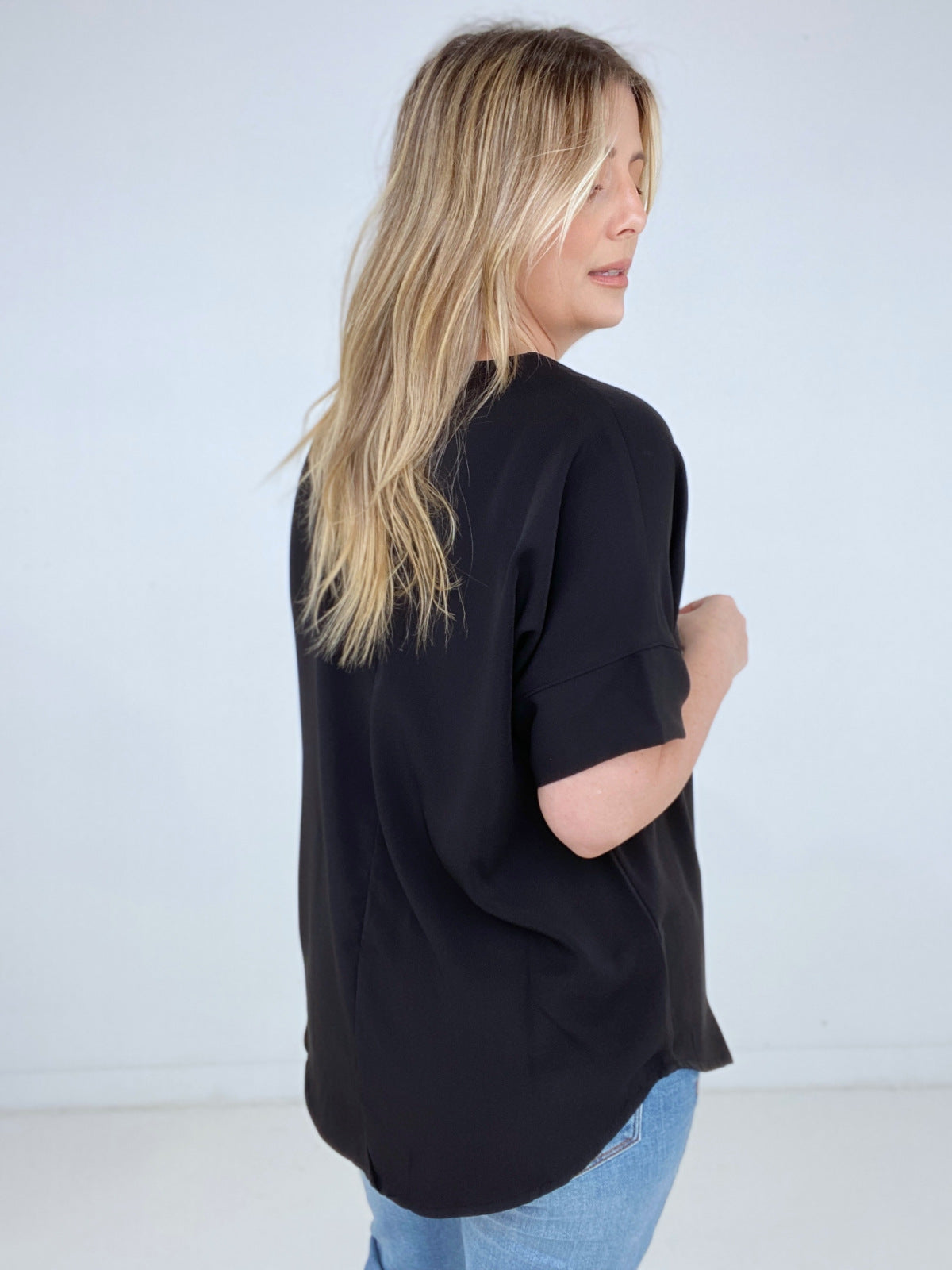 Zenana Heavy Woven Span Split Neck Short Sleeve Top