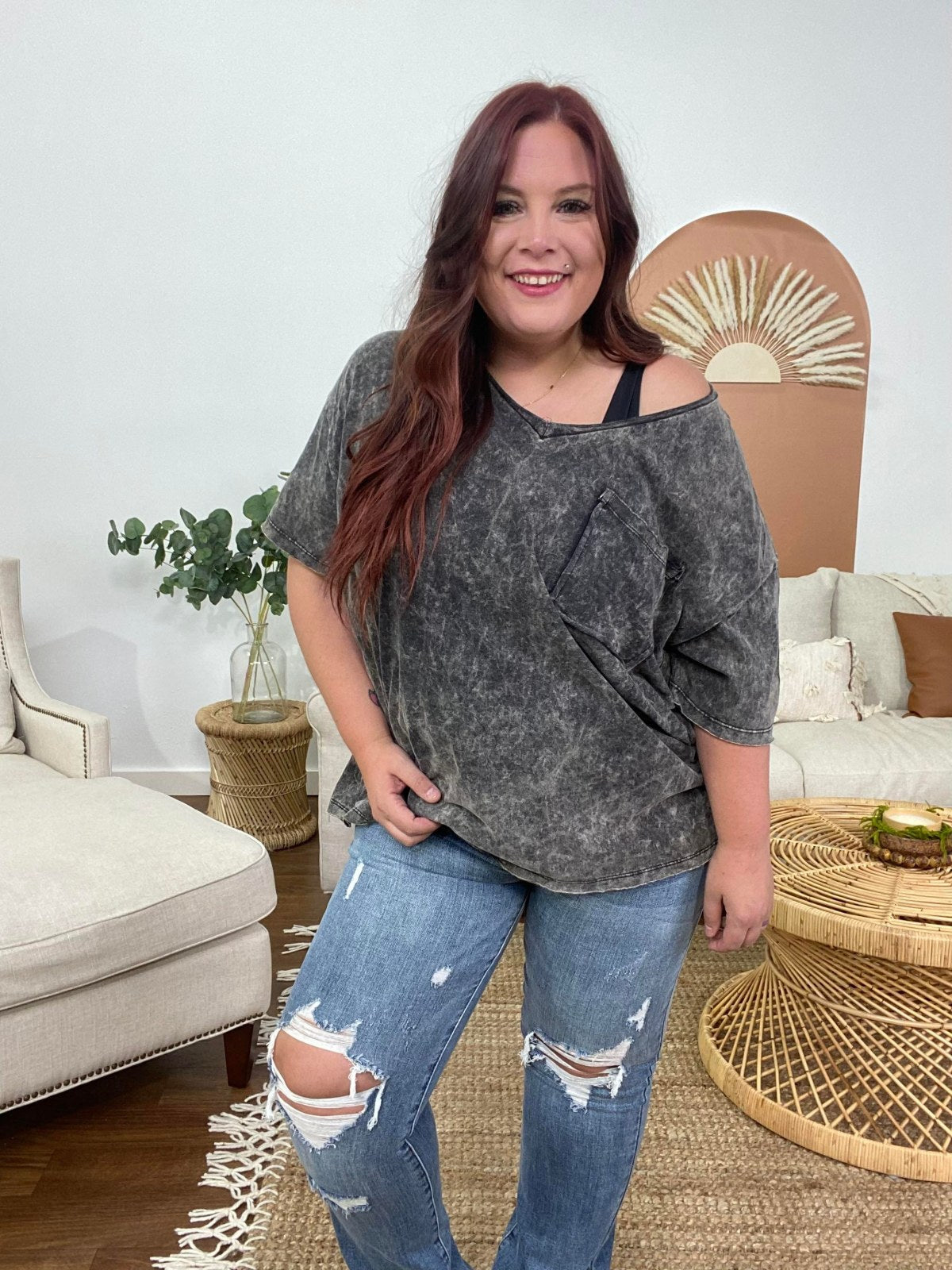 Zenana Acid Wash Oversized Front Pocket Raw Edge Boyfriend Tee