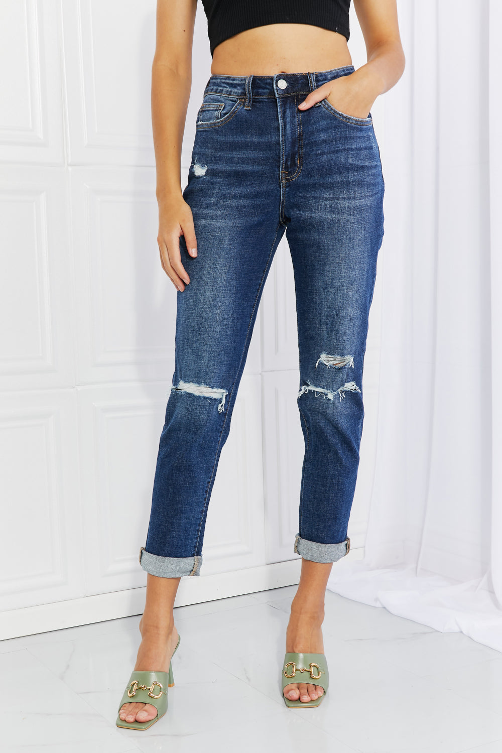 VERVET Rolled Up Mom Jeans - Dark Wash