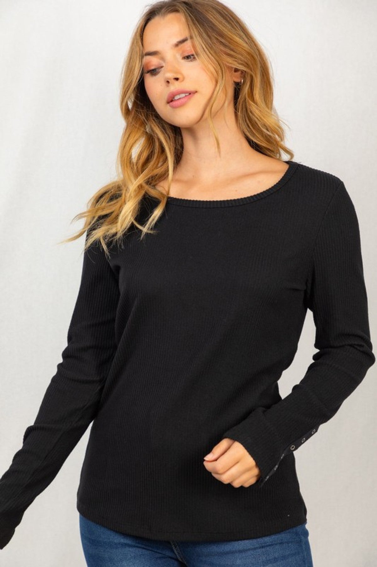 Boat Neck Long Sleeve Solid Ribbed Knit Top
