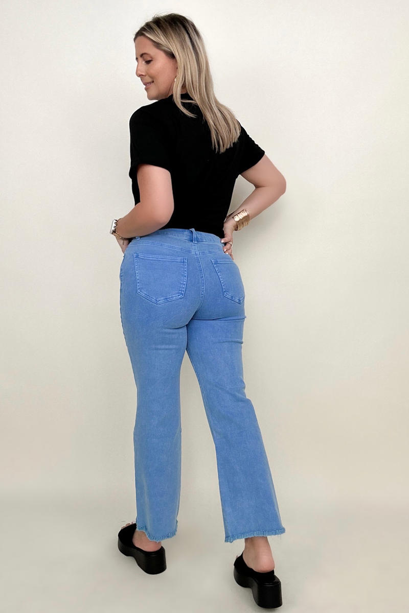 Zenana Acid Wash High Waist Frayed Hem Cropped Jeans - Multiple Colors