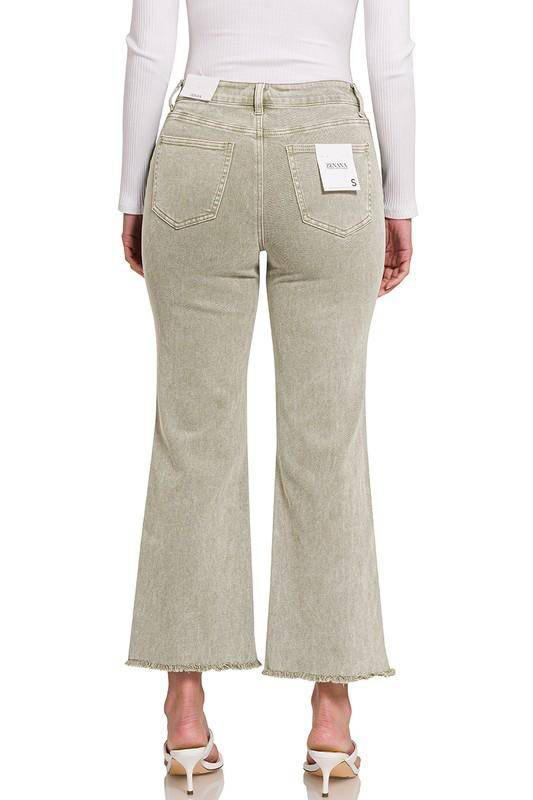Zenana Acid Wash High Waist Frayed Hem Cropped Jeans - Multiple Colors