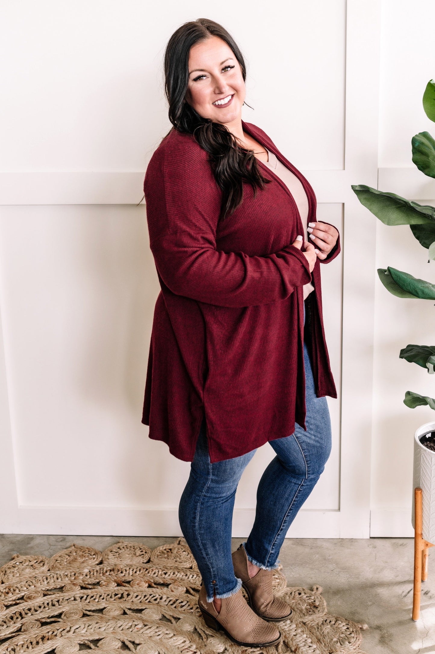 Cashmere Soft Open Front Cardigan With Pockets In Rich Heathered Burgundy 11.24