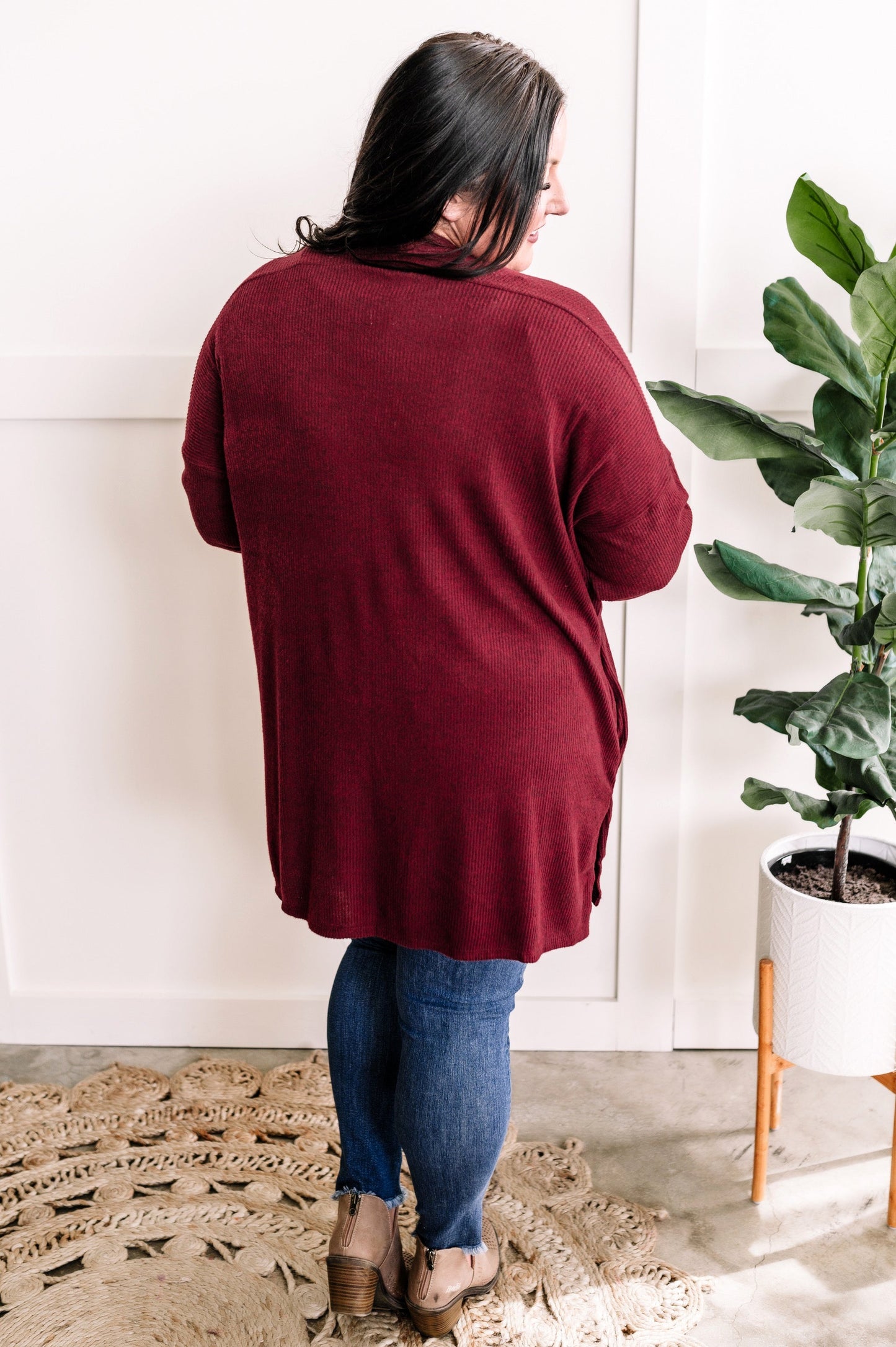 Cashmere Soft Open Front Cardigan With Pockets In Rich Heathered Burgundy 11.24