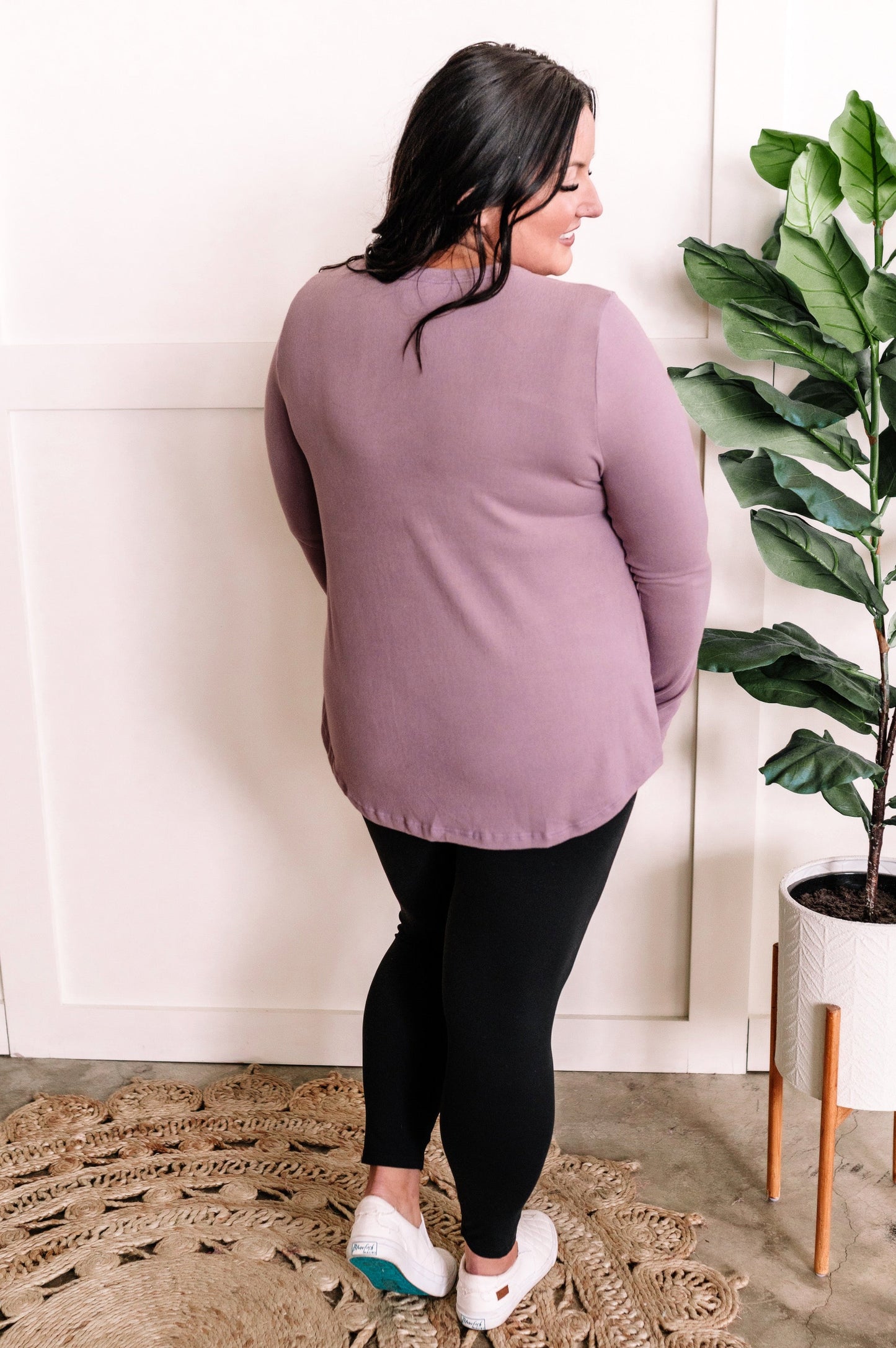 Button Front Long Sleeve Knit Henley In Dusty Lavender