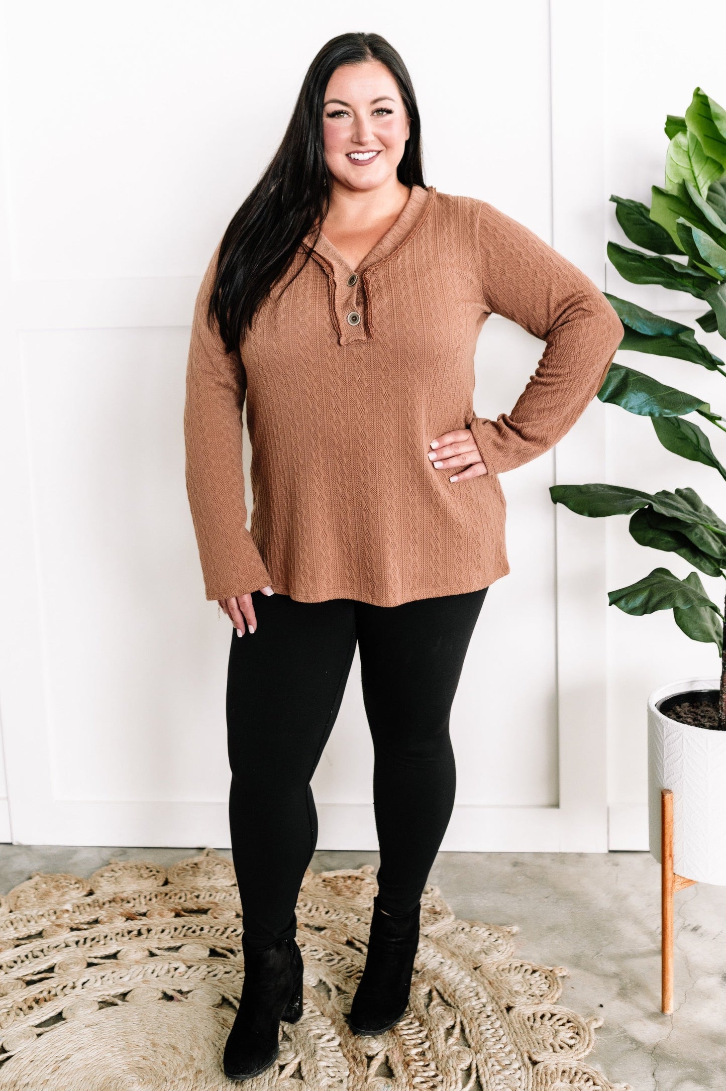 Button Front Knit Top With Elbow Patch Detail In Autumn Leaves 11.20